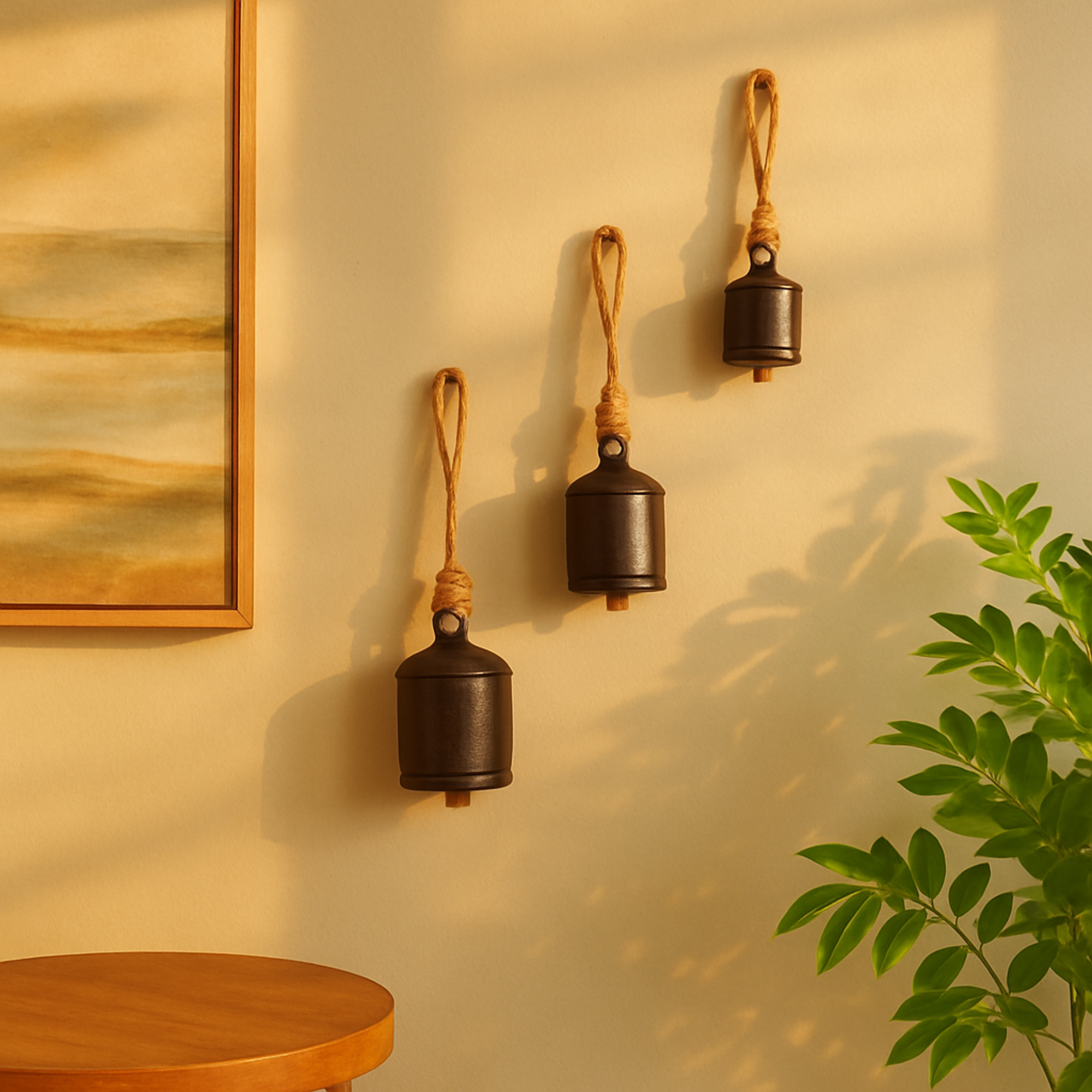 Set of 3 Metal Tibetan Inspired Indoor Outdoor Decorative Cow Bells with Jute Hanging Rope