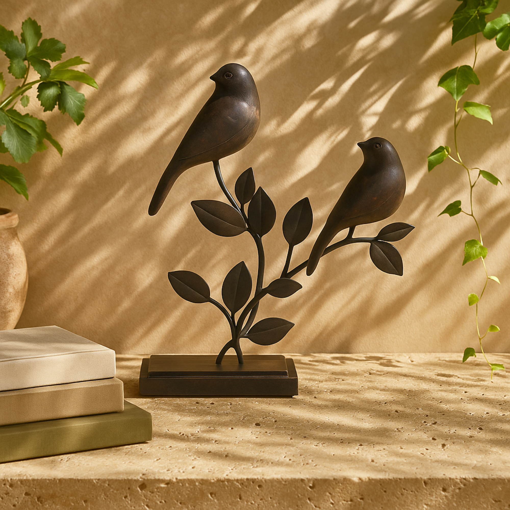 Bird Black Polystone Perching Decorative Sculpture with Leaf Vines and Copper Shading