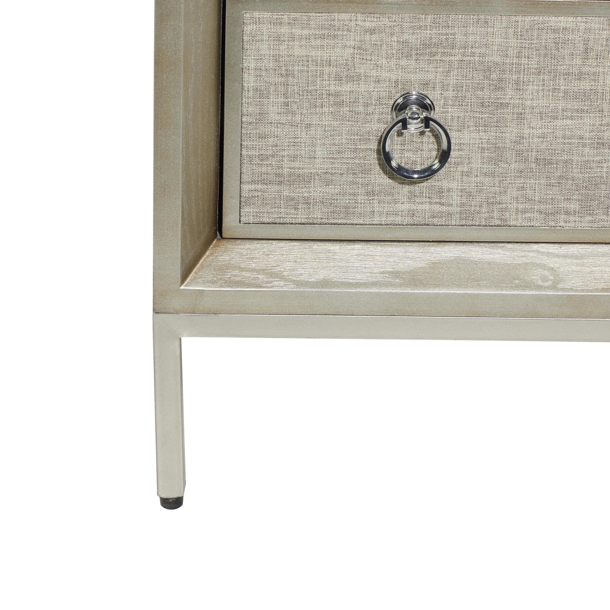 Beige Wooden Upholstered Front Panel 3 Drawer Room Chest with Mirrored Top and Ring Handles