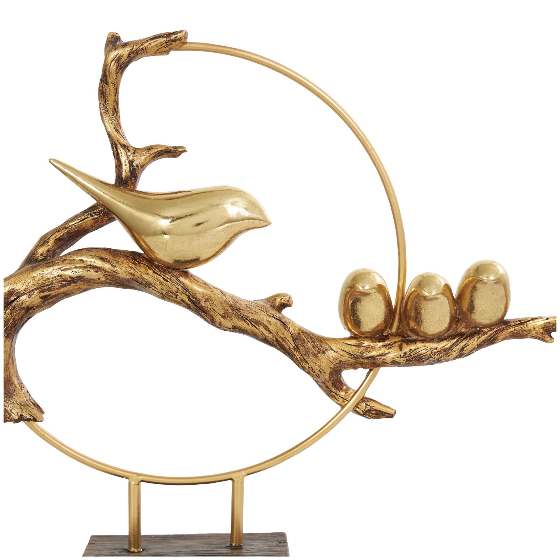 Bird Gold Polystone Family On A Branch Decorative Sculpture with Brown Block Base