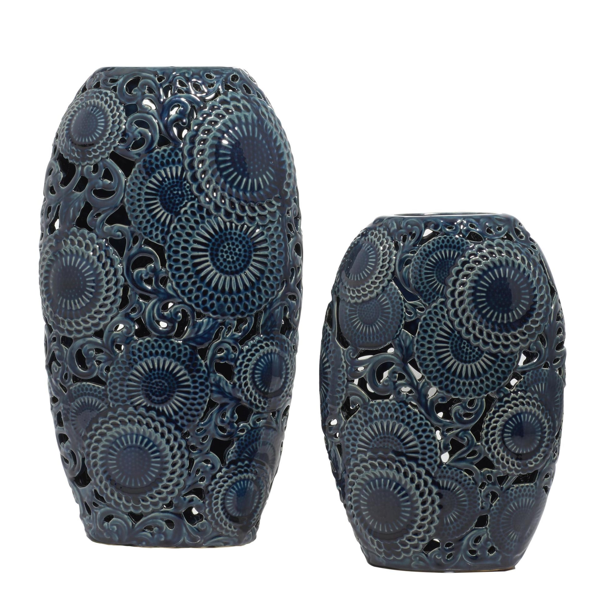 Set of 2 Floral Blue Ceramic Decorative Vase with Cut Out Patterns