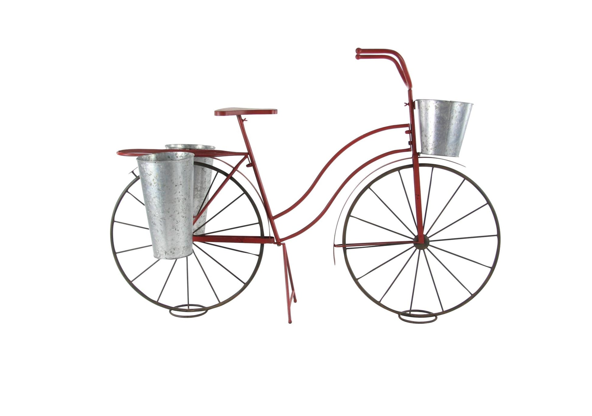 Bike Red Metal Indoor Outdoor Plantstand with Silver Basket and Saddle Bag Planters