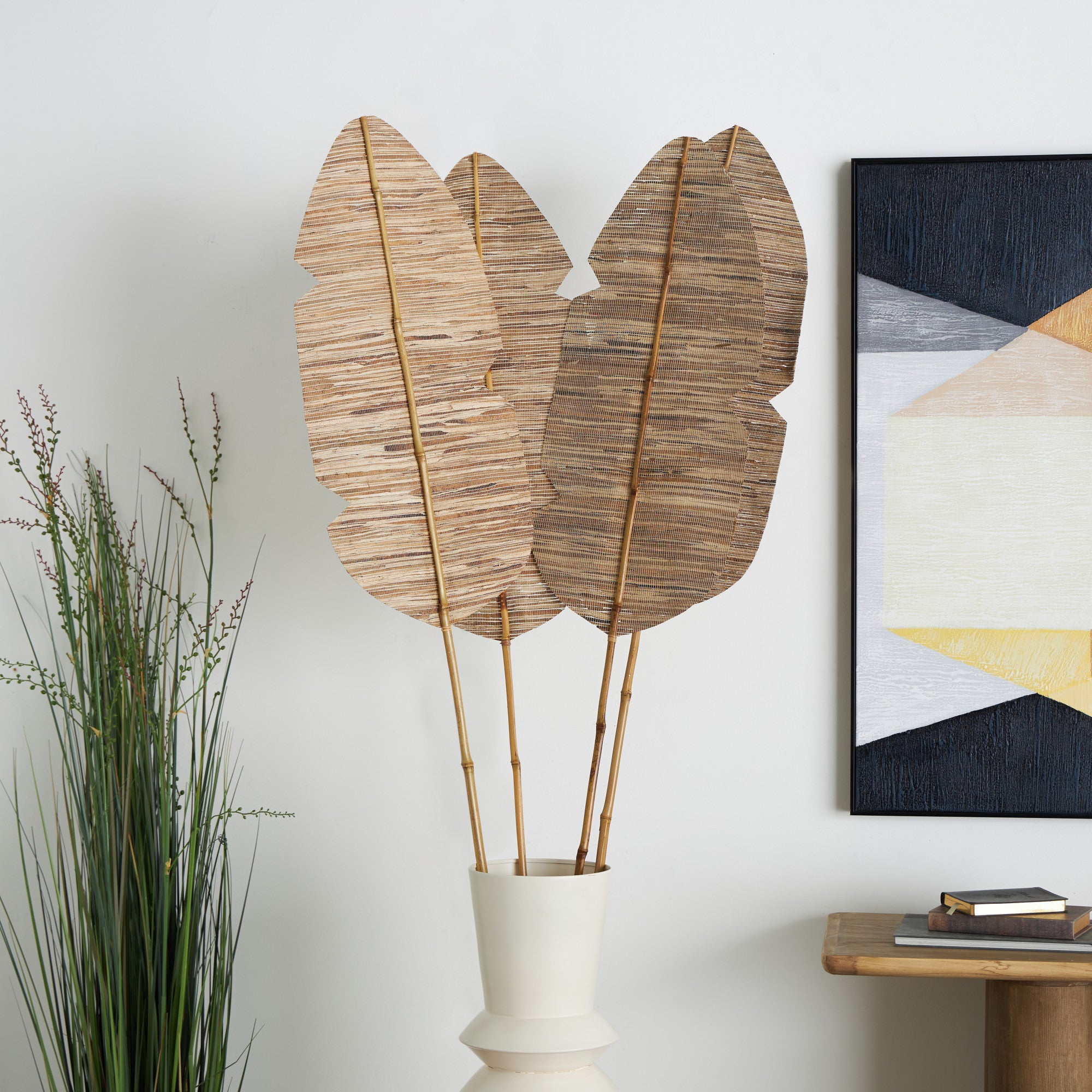 Set of 4 Bamboo Brown Bamboo Wood Tall Woven Leaf Stick Home Decor Natural Foliage