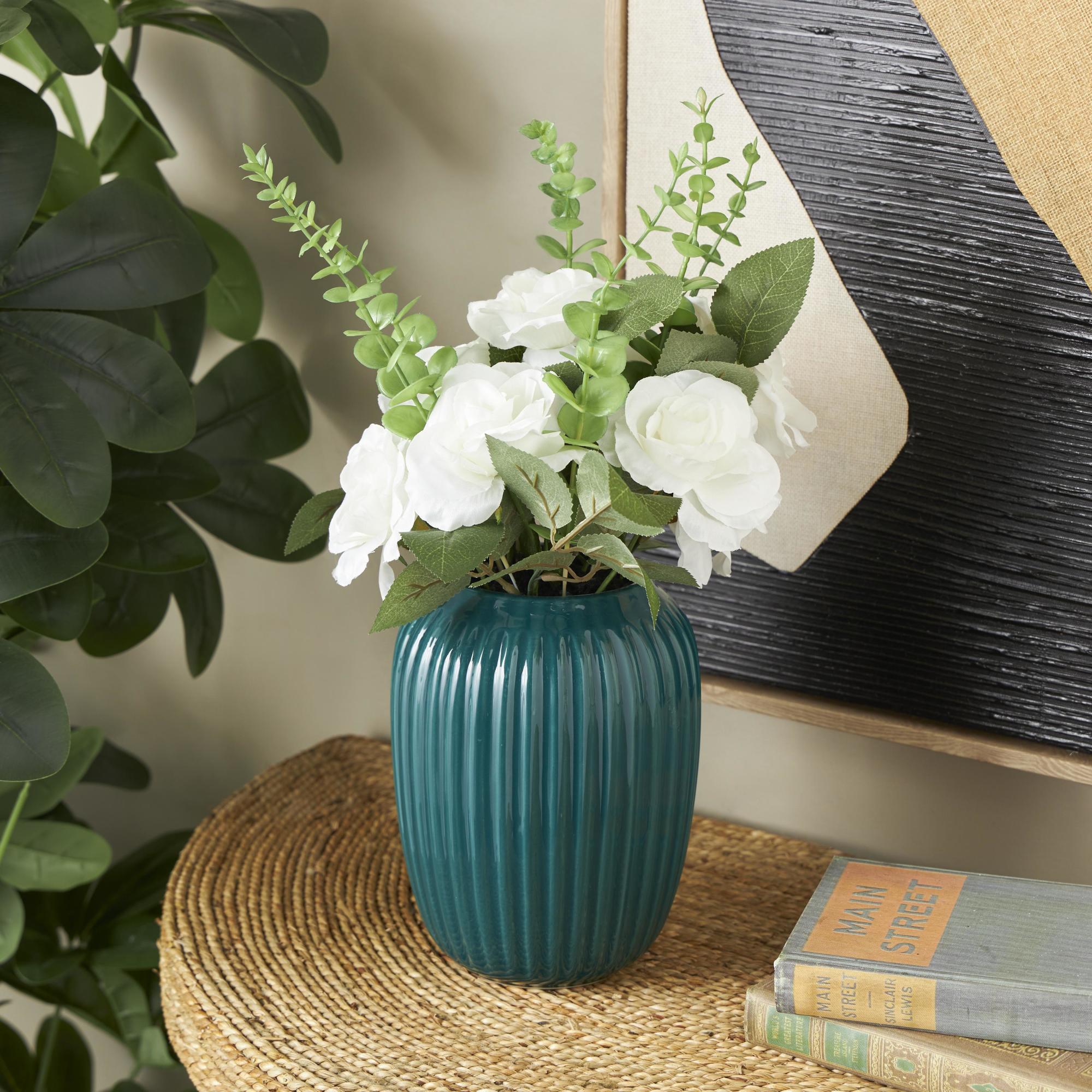 Hydrangea and Pom Pom White Fabric Indoor Outdoor Artificial Flower with Green Leaves and Round Ceramic Vase