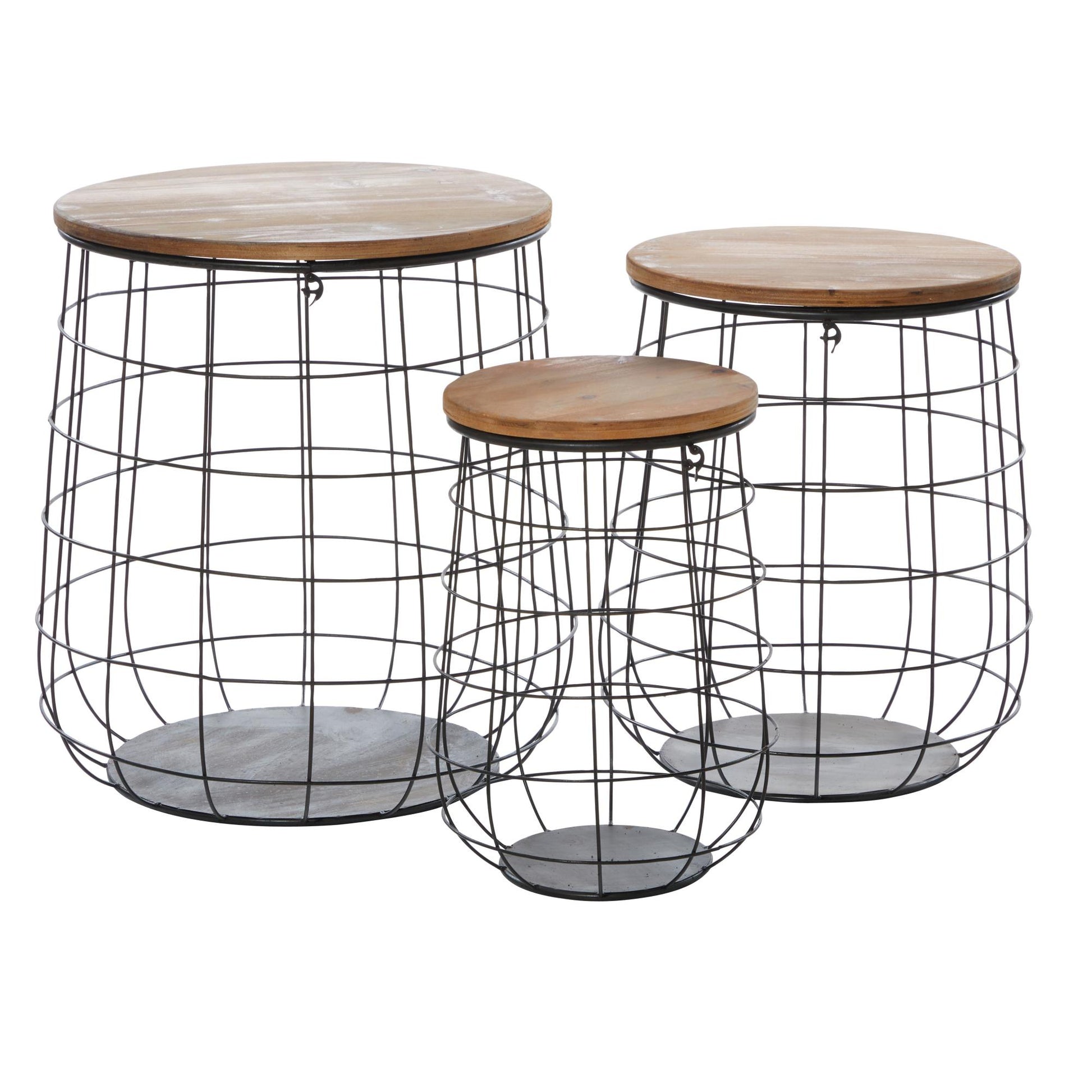 Set of 3 Black Metal Caged Decorative and Functional Storage Basket with Wooden Lift Top Lids