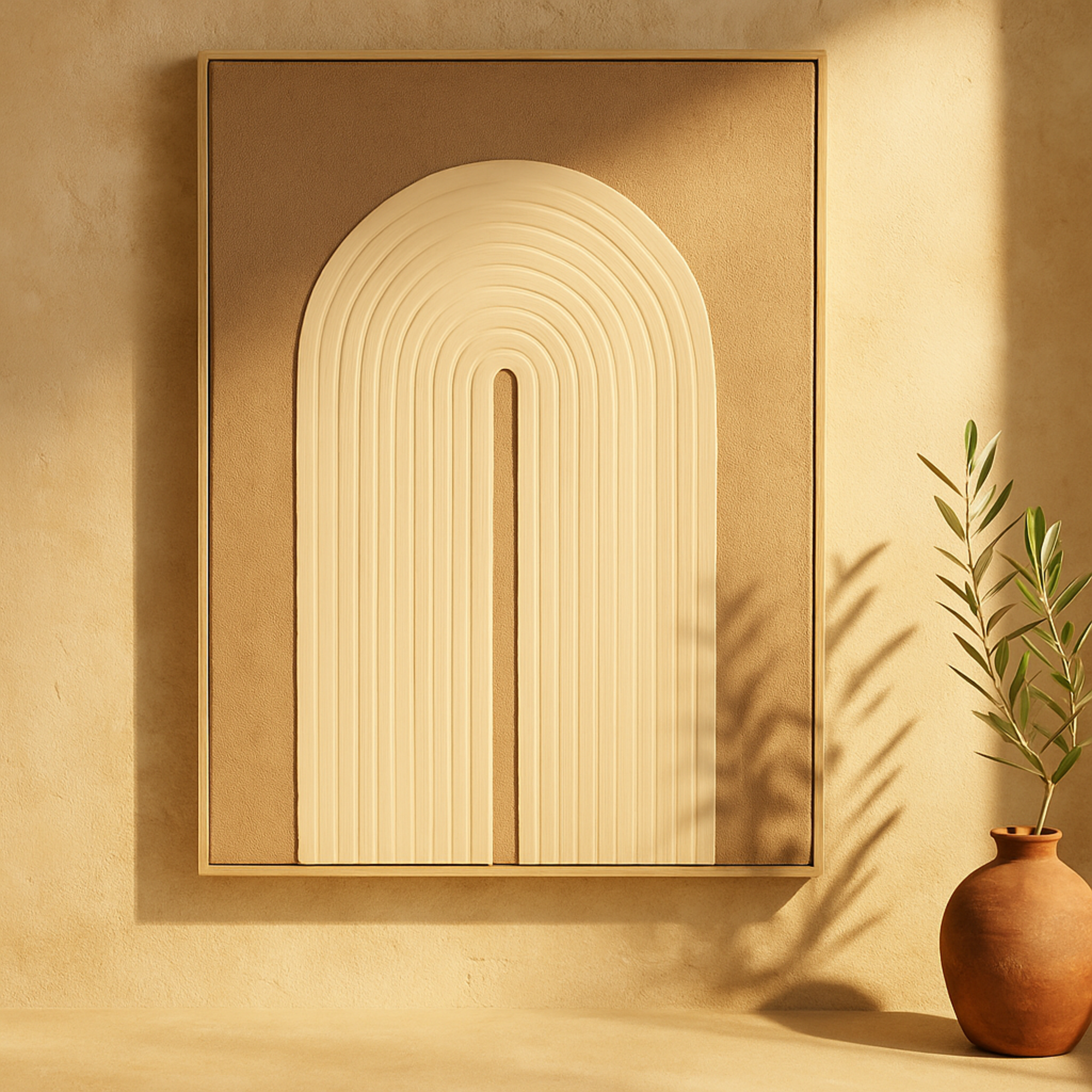 Geometric Brown Polyester Living Room Framed Wall Art with Tan Layered Arch