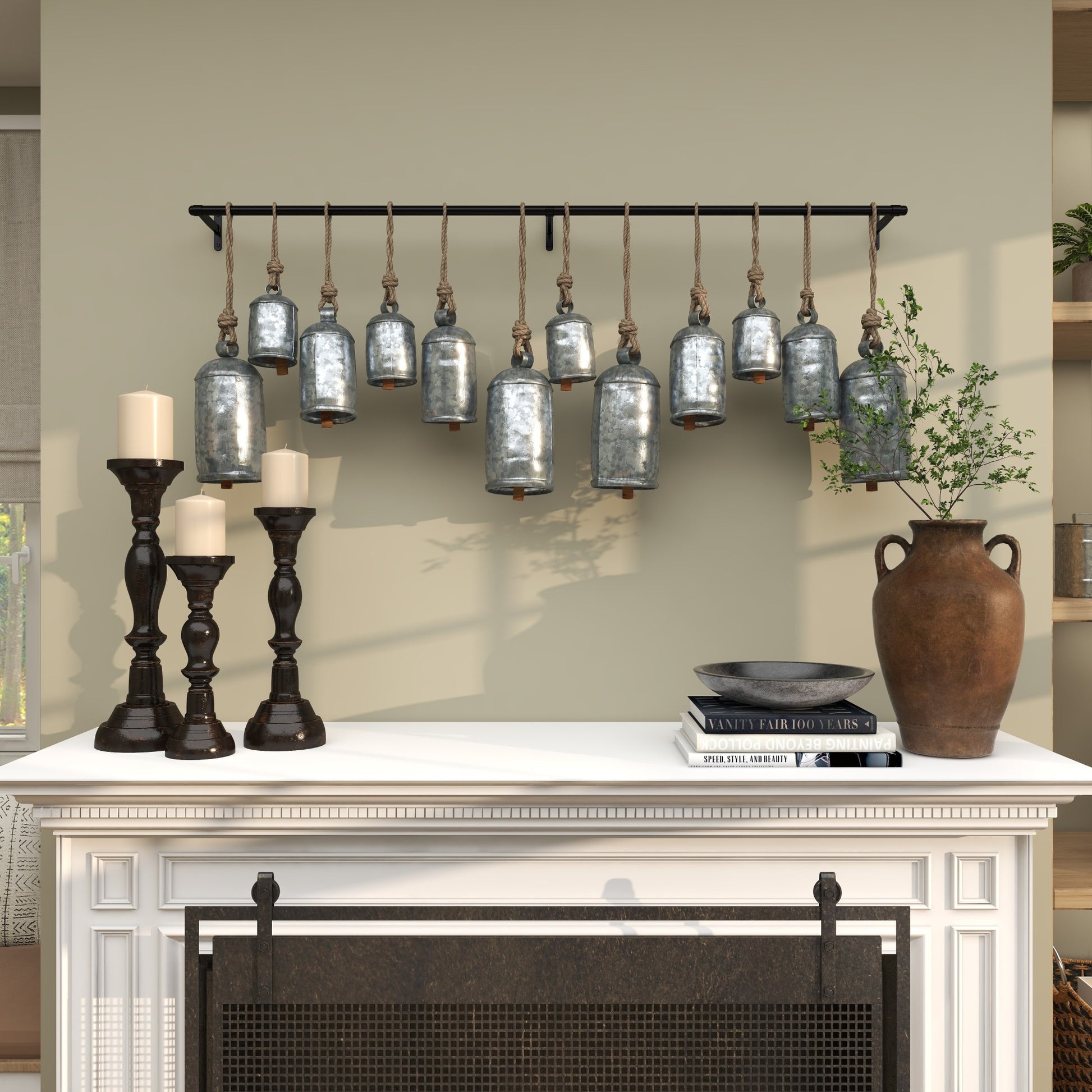 Metal Tibetan Inspired 12 Bell Indoor Outdoor Decorative Cow Bells with Hanging Ropes and Rod