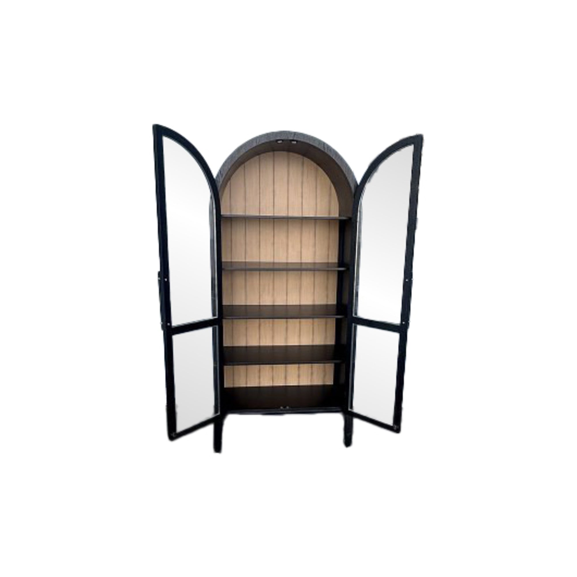 Black Wooden Arched Glass Front 2 Door and 4 Shelf Room Cabinet with Slatted Brown Interior and Extended Bar Handles