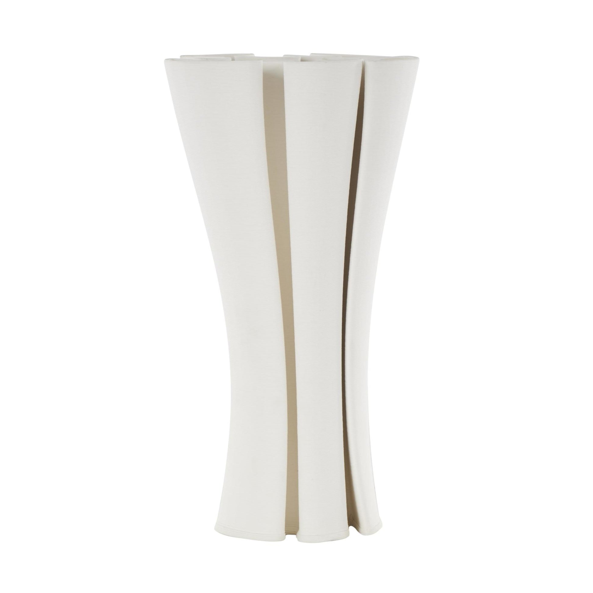 Abstract White Ceramic Ribbed Dimensional Folded Decorative Vase with Curvy Rim