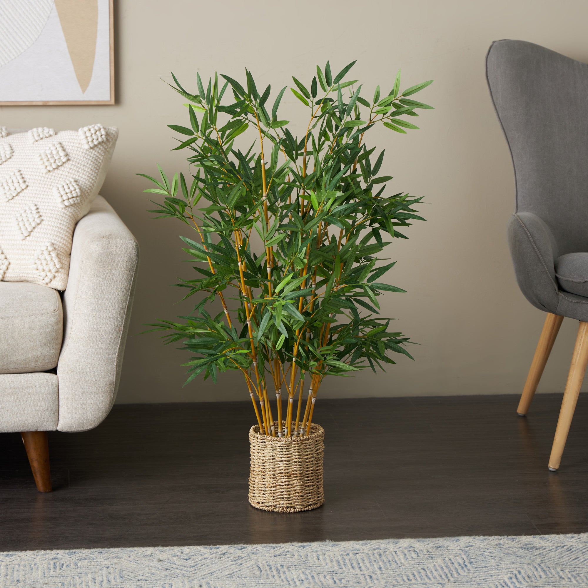 Bamboo Green Faux Foliage Indoor Outdoor Artificial Tree with Realistic Leaves and Brown Seagrass Pot