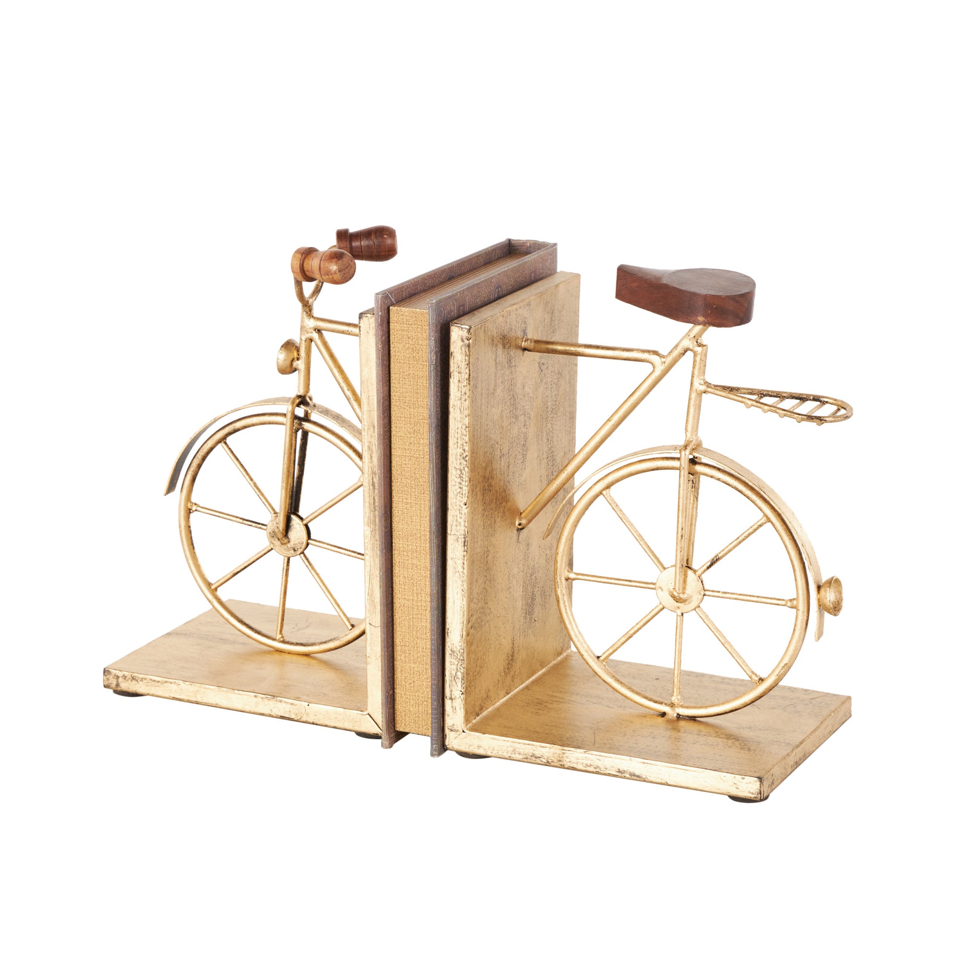 Set of 2 Bike Metal Vintage Inspired Decorative Bookends with Wood Accents Set of 2 7"W, 9"H