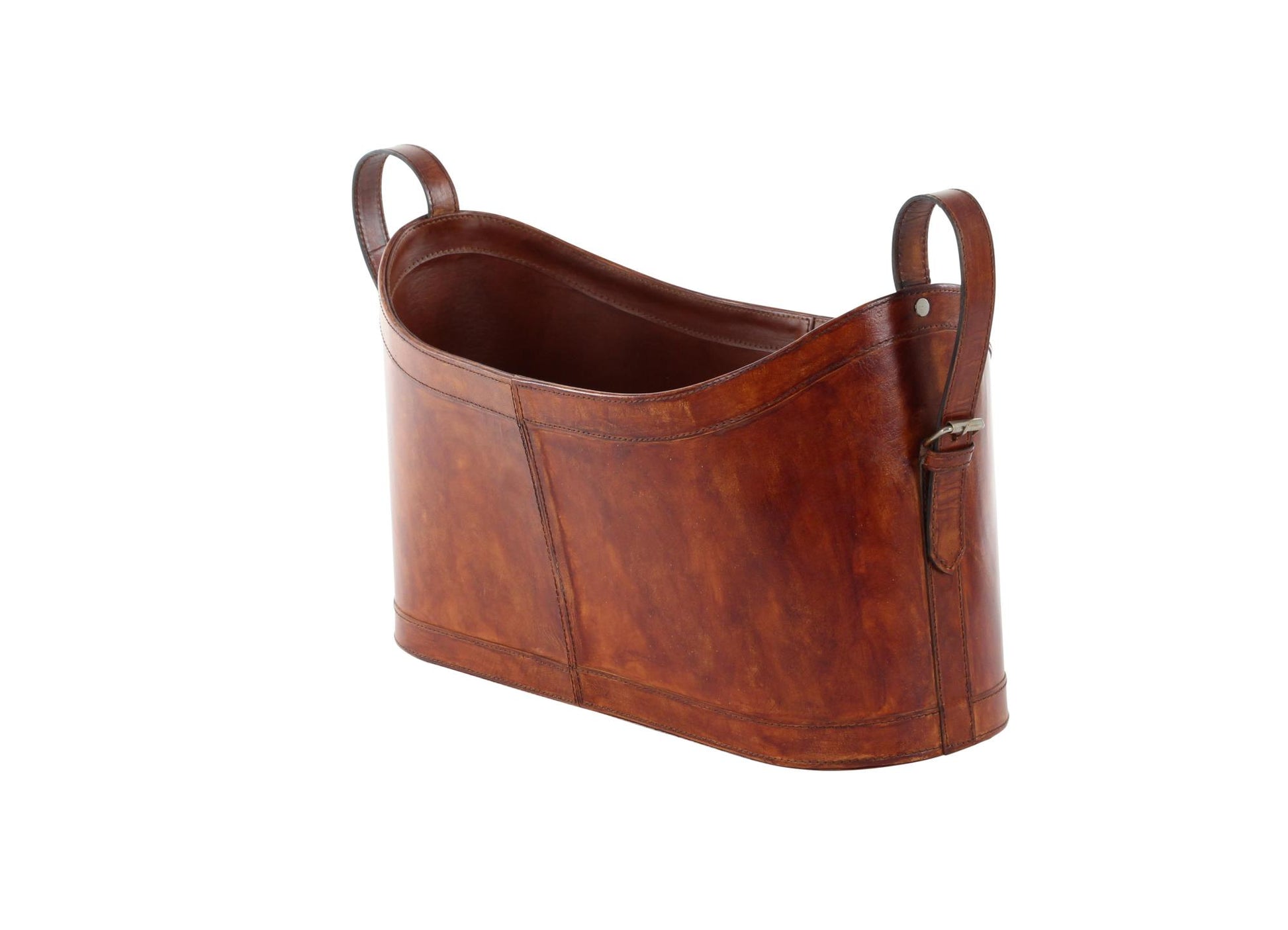 Brown Leather Handmade Curved Box Style Single Slot Decorative Magazine Holder with Buckle Handles