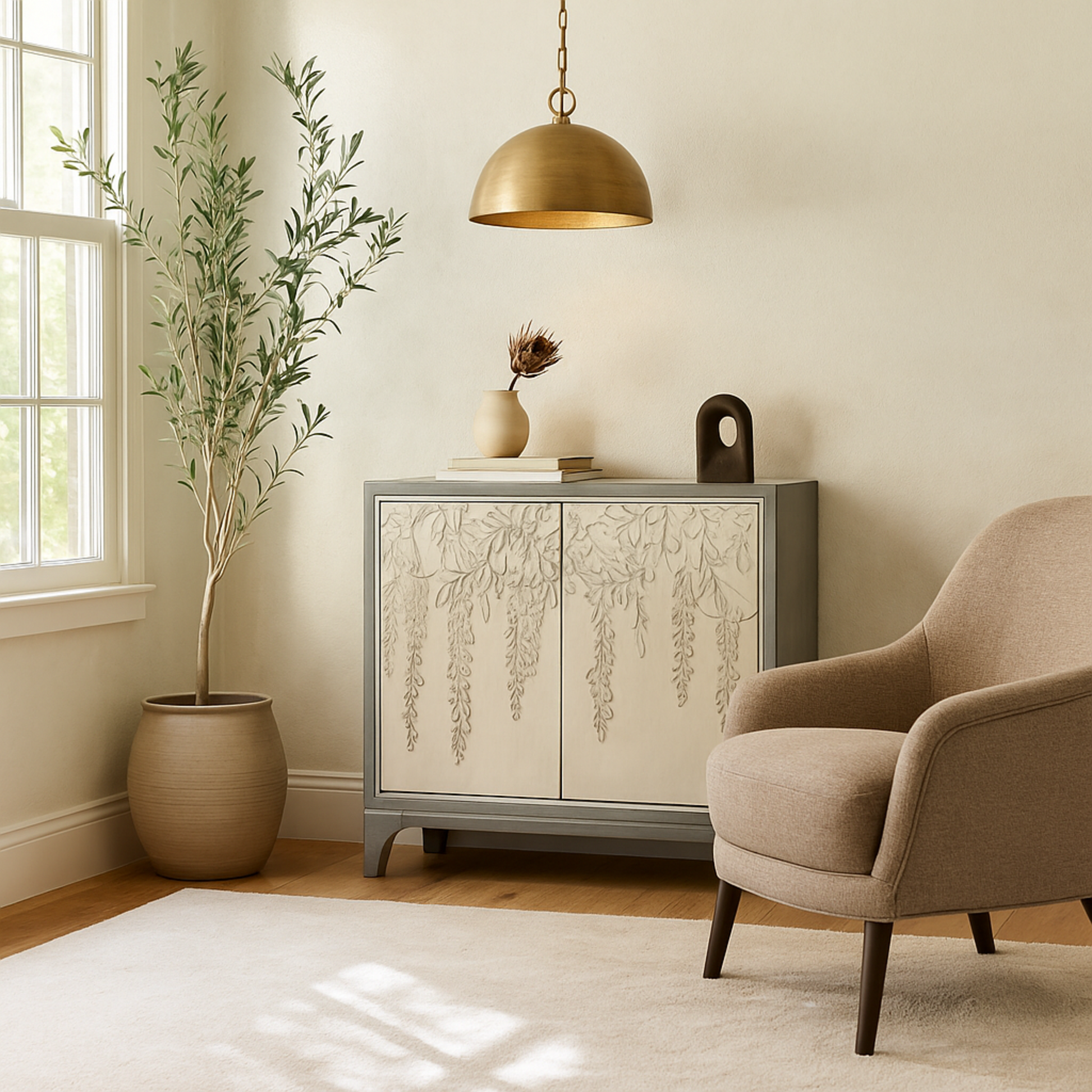Floral Gray Wooden Relief 2 Door Room Cabinet with Cream Front Doors and Cascading Leaf Design