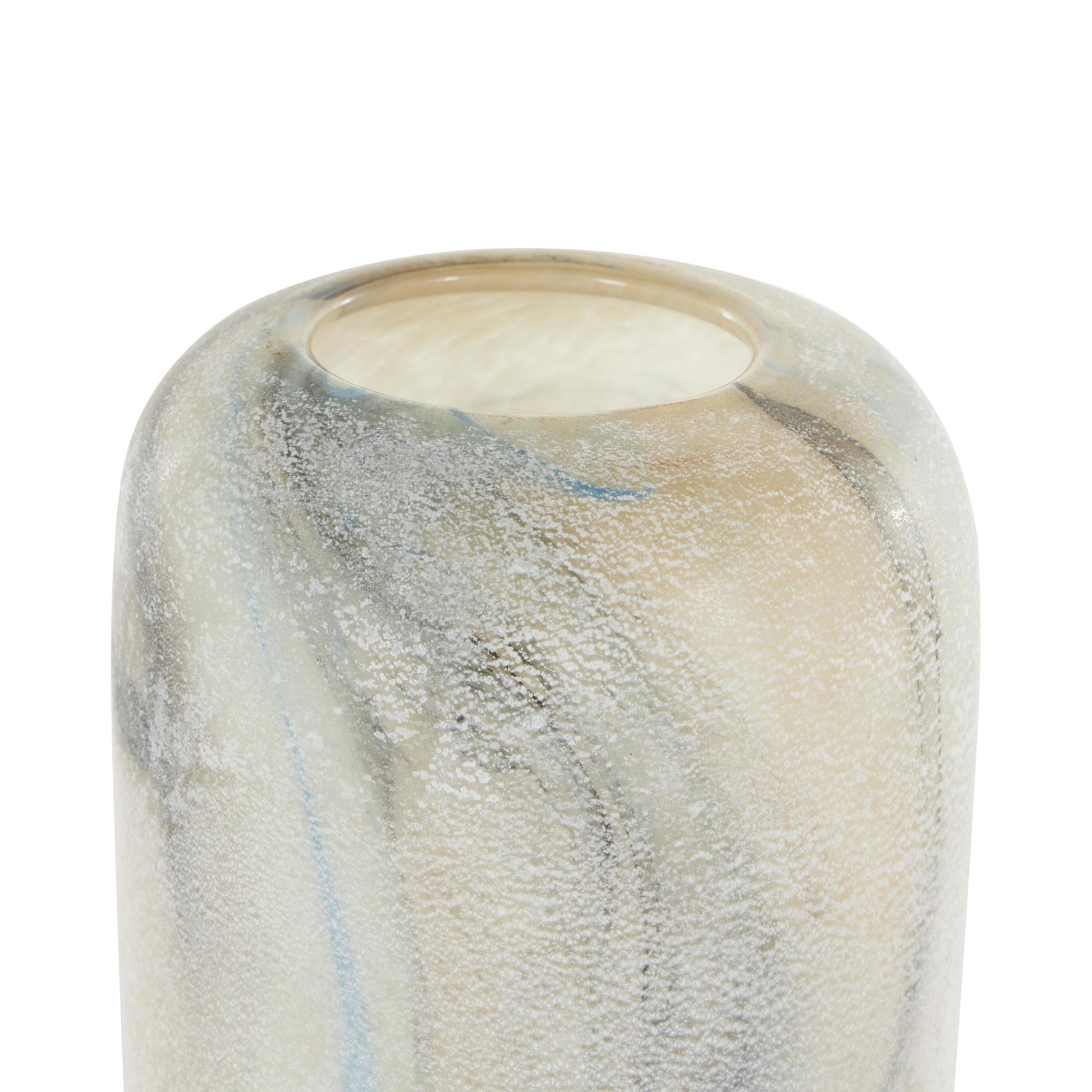 Cream Glass Distressed Decorative Vase with Blue and Tan Texturing