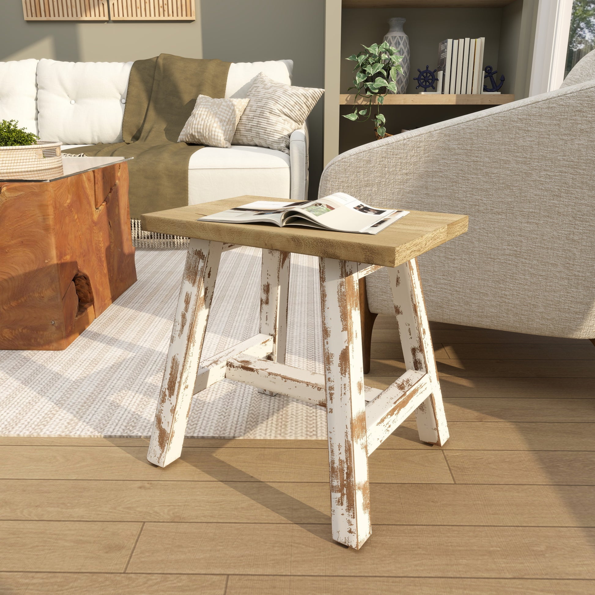 Wood Living Room Stool with Brown Wood Top 20" x 14" x 18"