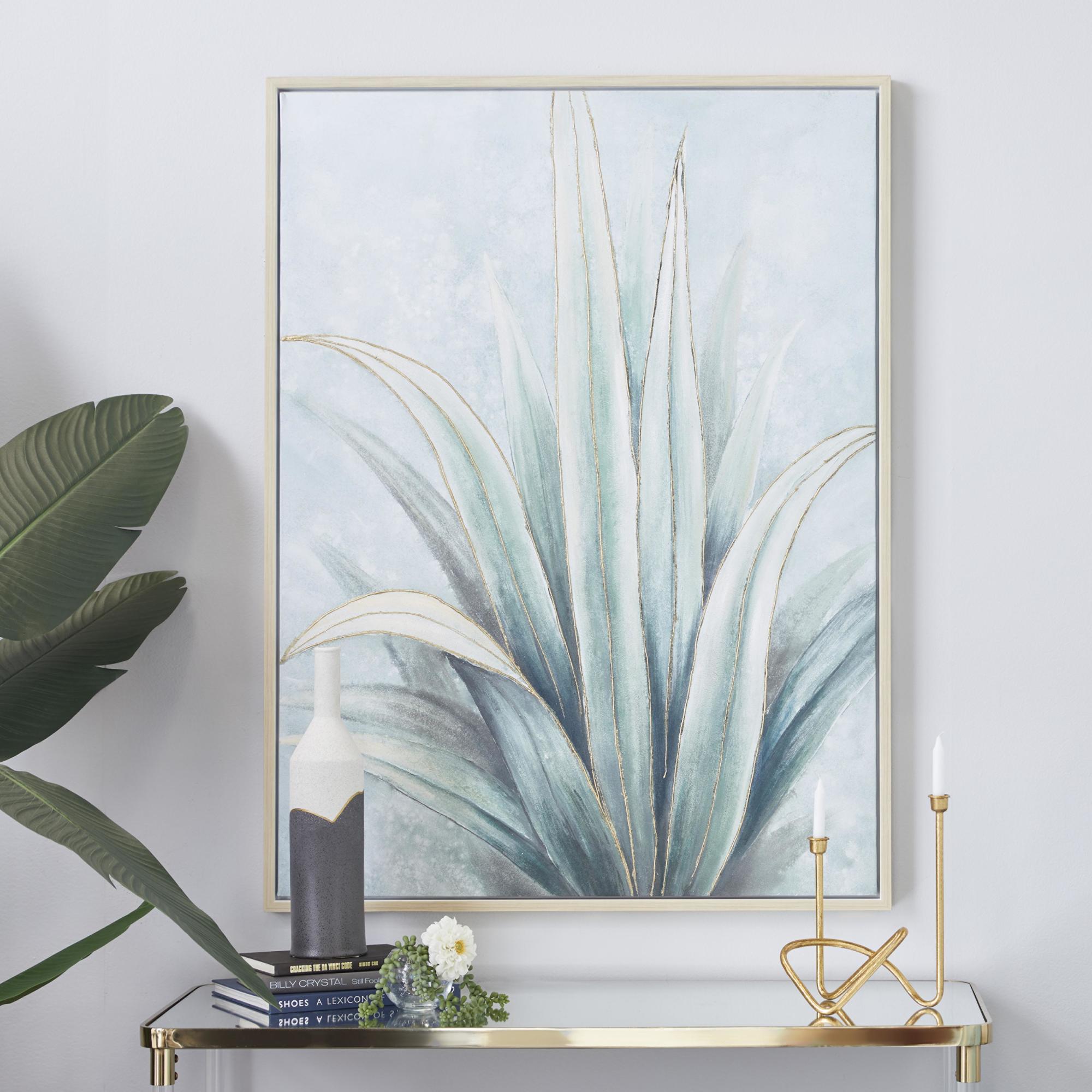 Leaf Green Canvas Agave Living Room Framed Wall Art with Beige Frame