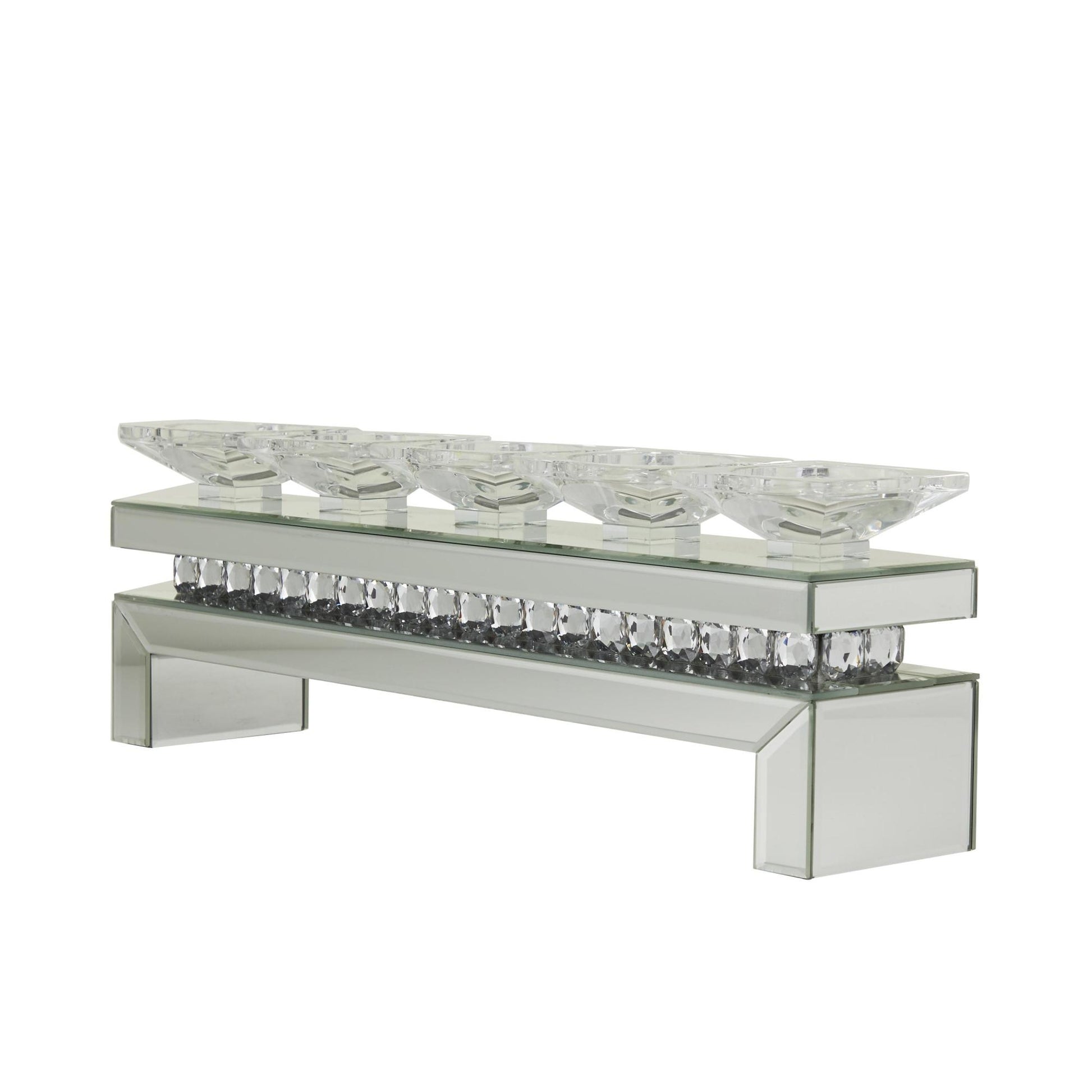 Silver Wooden Pillar 5 Plate Decorative Candelabra with Mirrored Accents