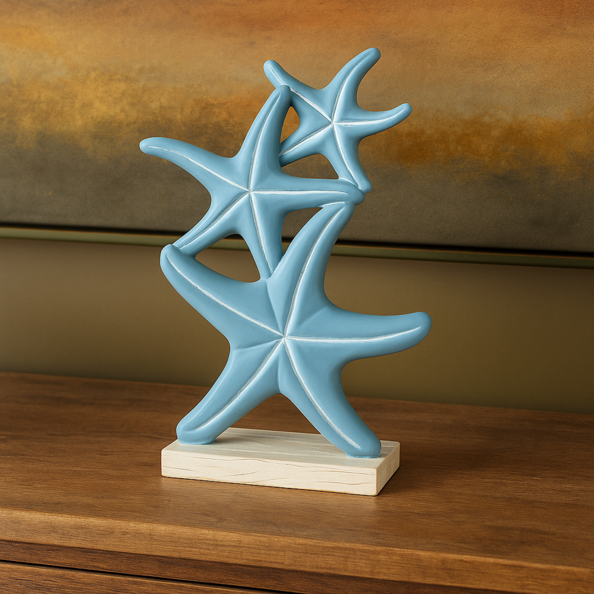 Starfish Blue Polystone Stacked Decorative Sculpture with Engraved Floral and Scroll Patterns
