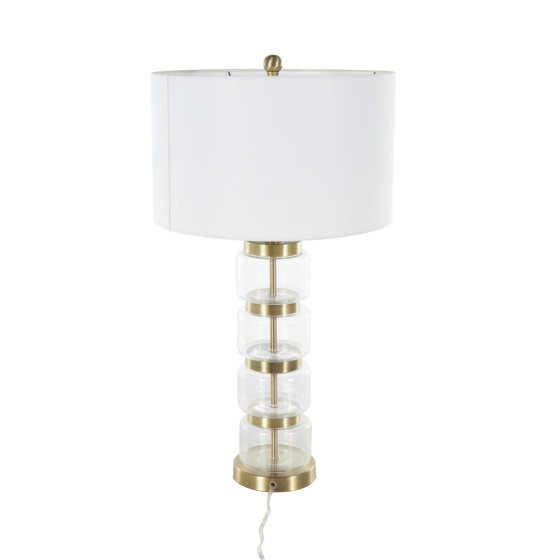 Clear Glass Stacked Jars Room Table Lamp with White Drum Shade and Gold Metal Accents