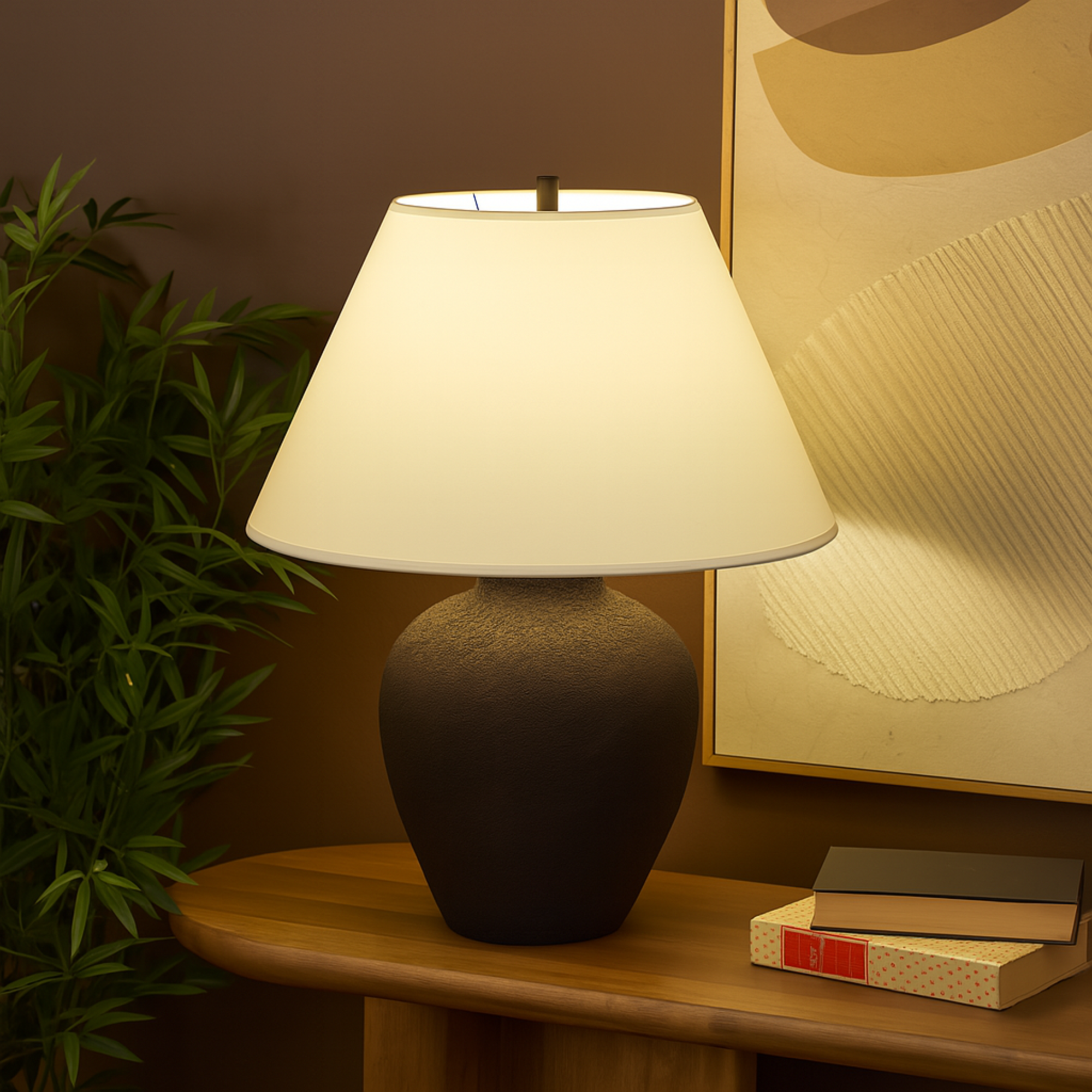 Ceramic Wide Rounded Textured Room Table Lamp with White Linen Shade 19" x 19" x 25"