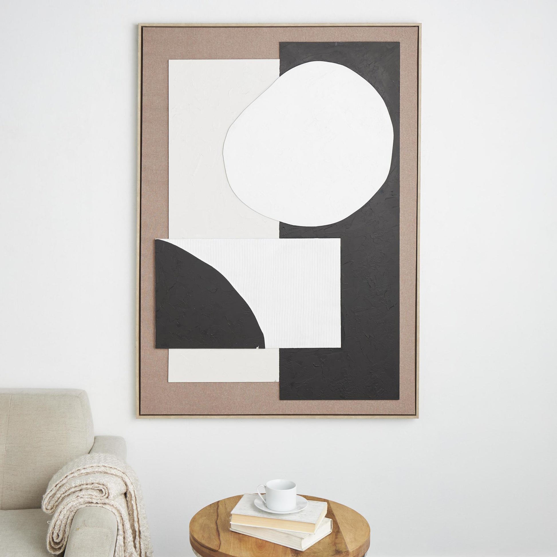 Geometric Brown Wood Textured Living Room Framed Wall Art with Abstract Black and White Shapes and Fabric Backing