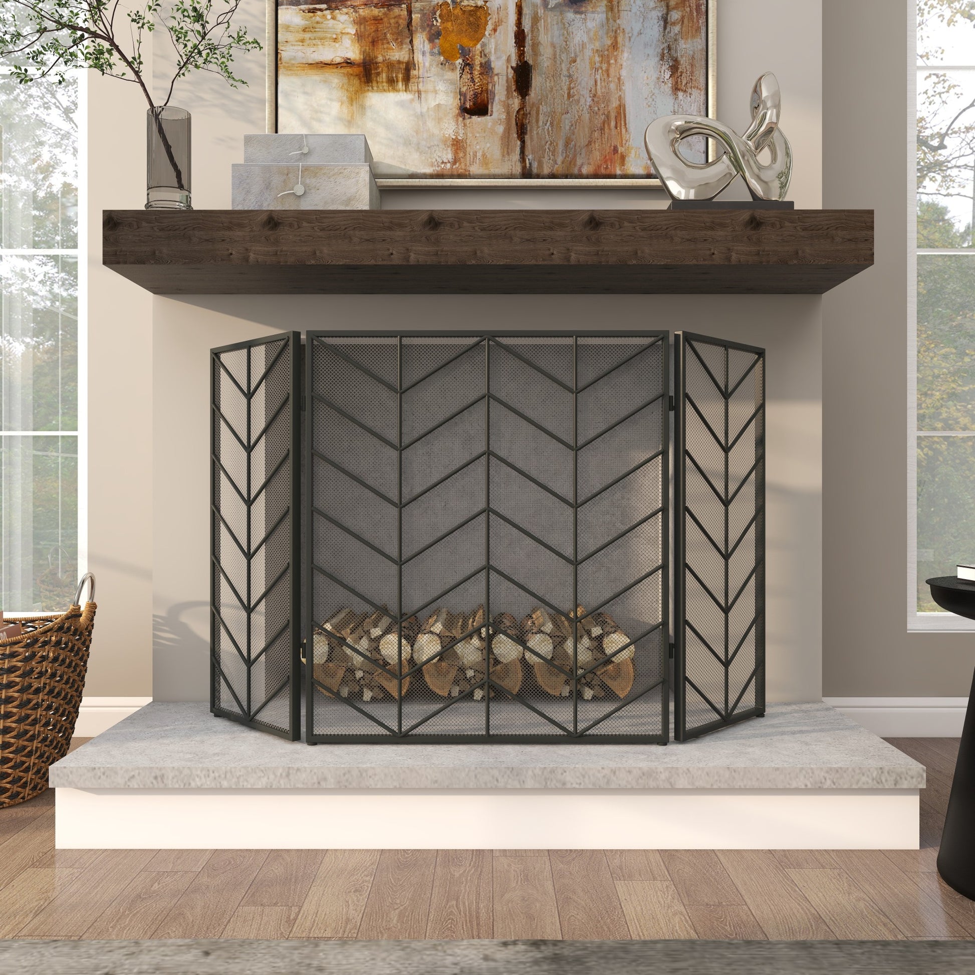 Geometric Metal Foldable Mesh Netting 3 Panel Living Room Fireplace Screen with Chevron Pattern