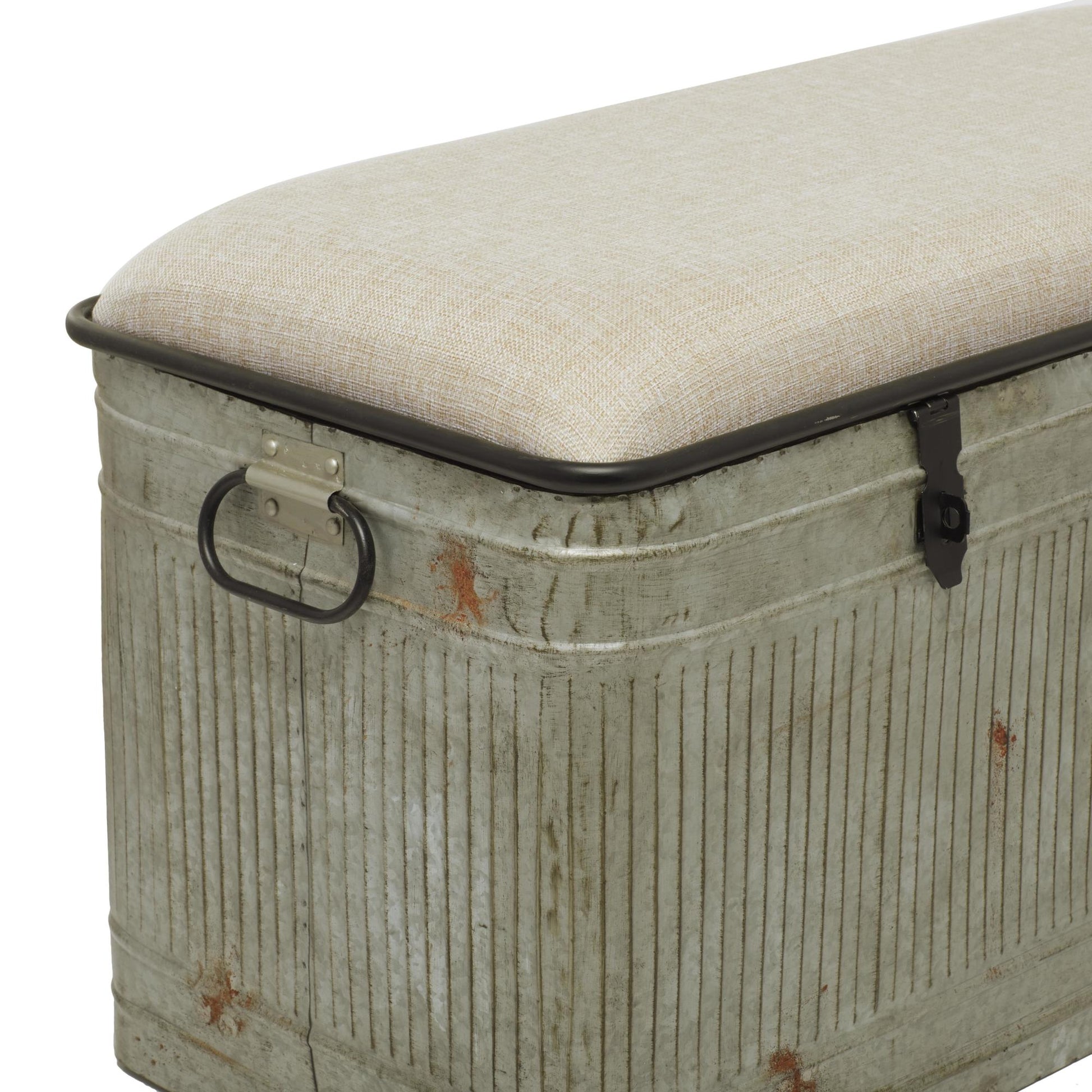 Gray Metal Galvanized Room Storage Bench with Cream Burlap Top and Black Latches