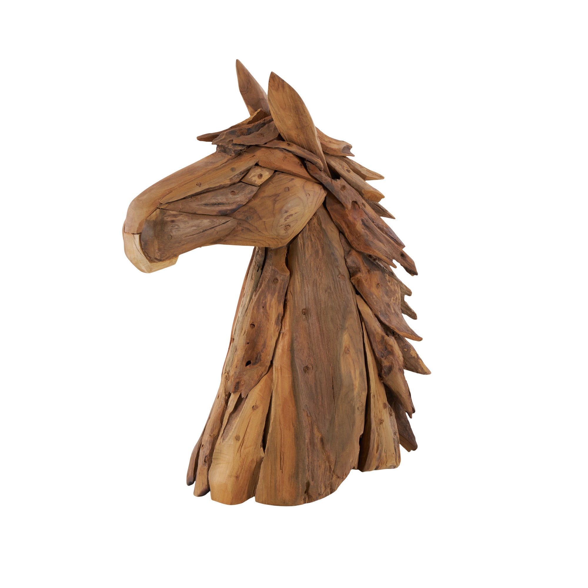 Horse Brown Teak Wood Handmade Head Decorative Sculpture with Layered Woodchip Pieces