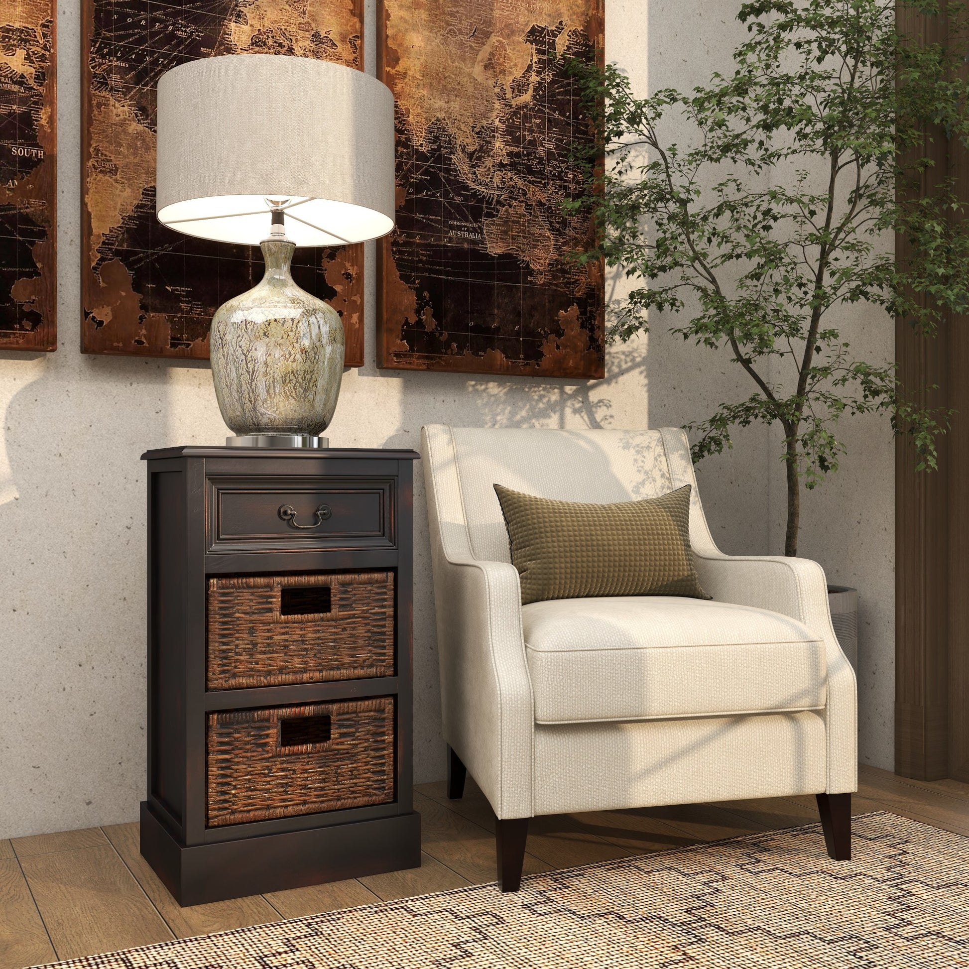 Dark Brown Wood Storage 2 Basket and 1 Drawer Room Storage Unit