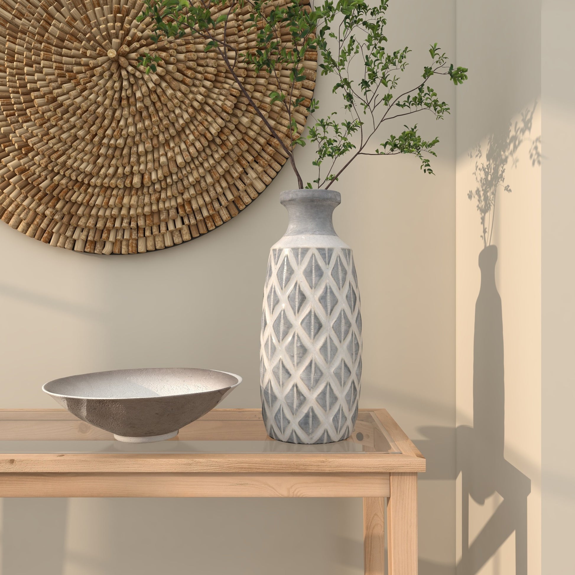 Gray Ceramic Decorative Vase with White Diamond Pattern