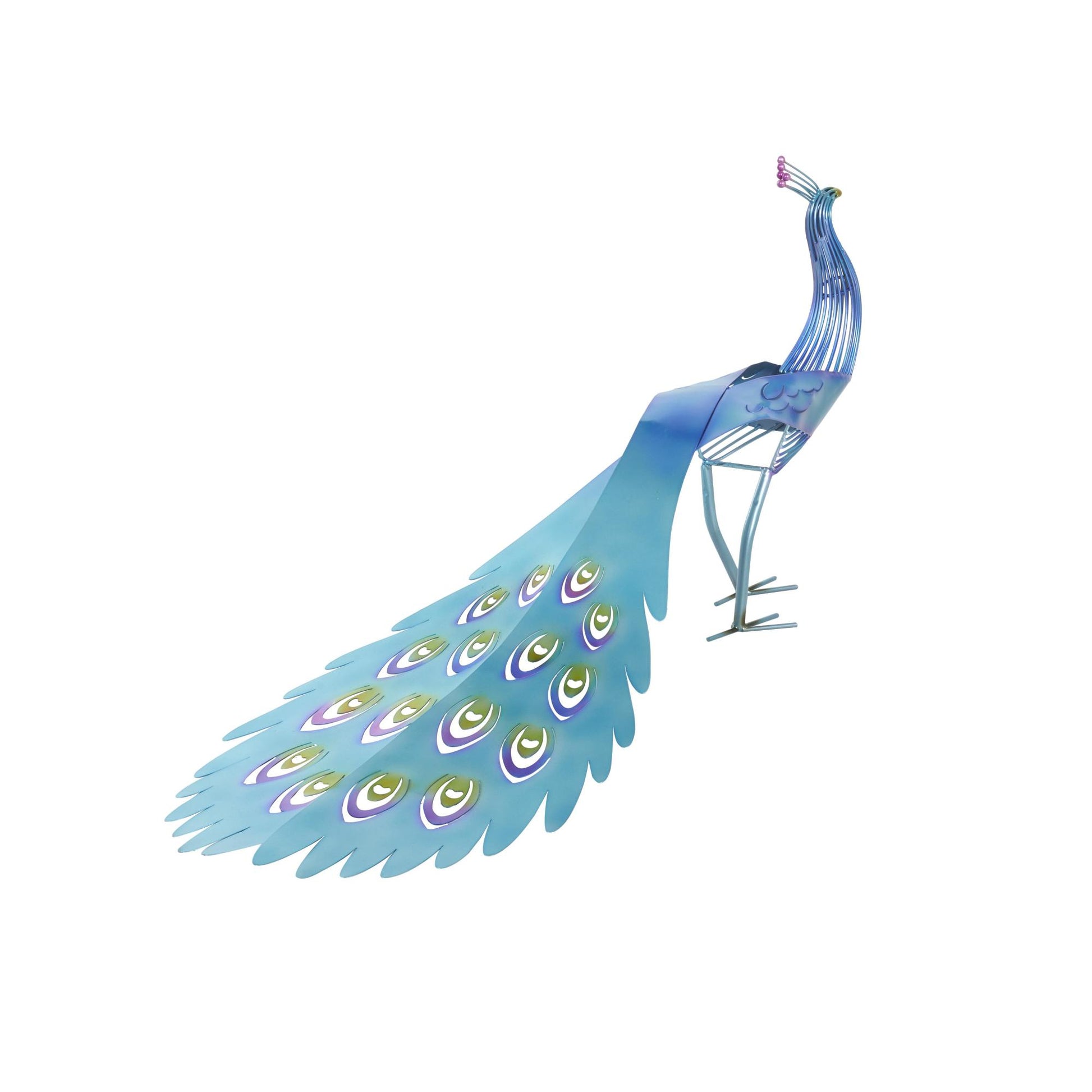 Peacock Blue Metal Decorative Garden Sculpture with Open Wire Framed Body and Rainbow Accents