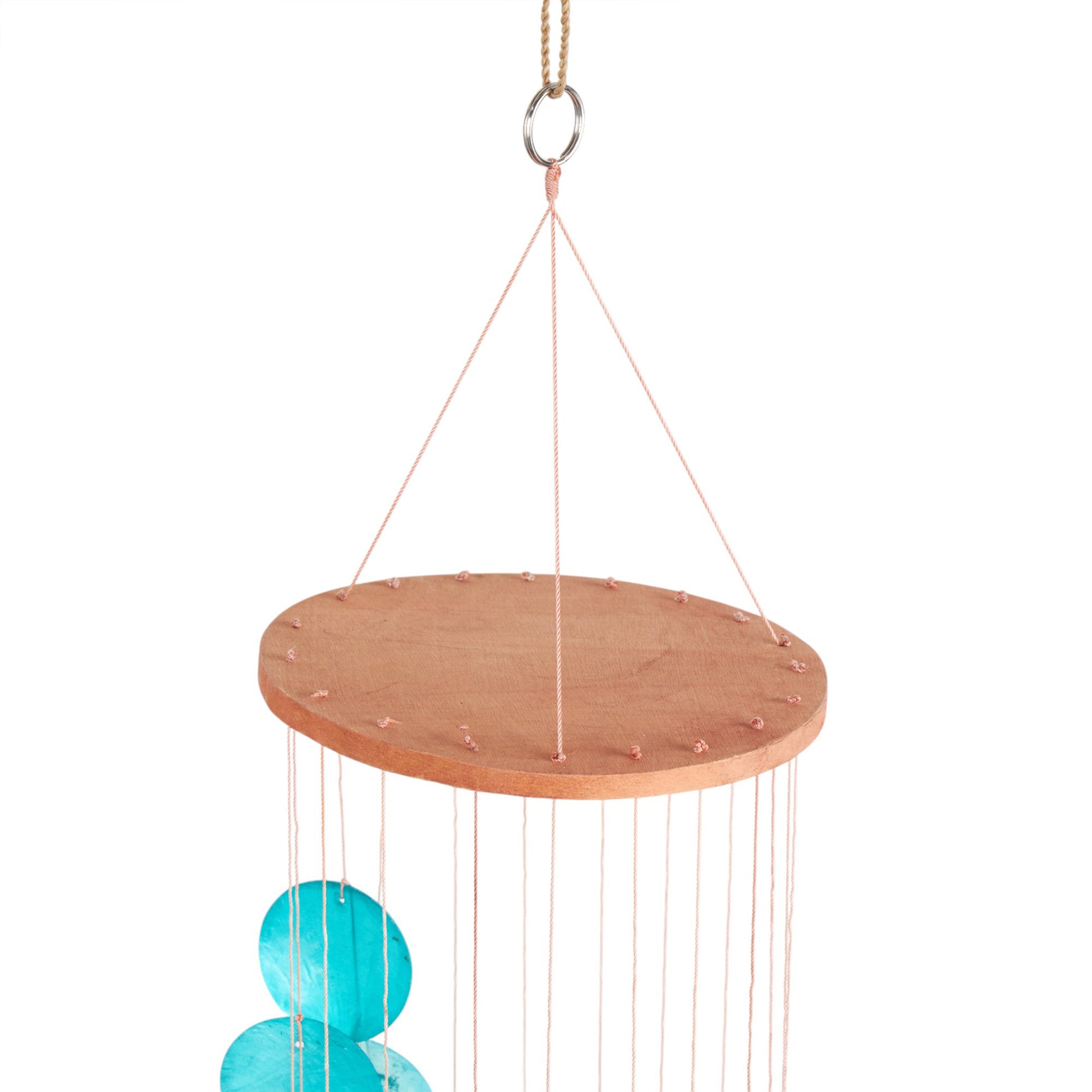 Geometric Teal Capiz Shell Waterfall Indoor Outdoor Windchime with Silver Ring