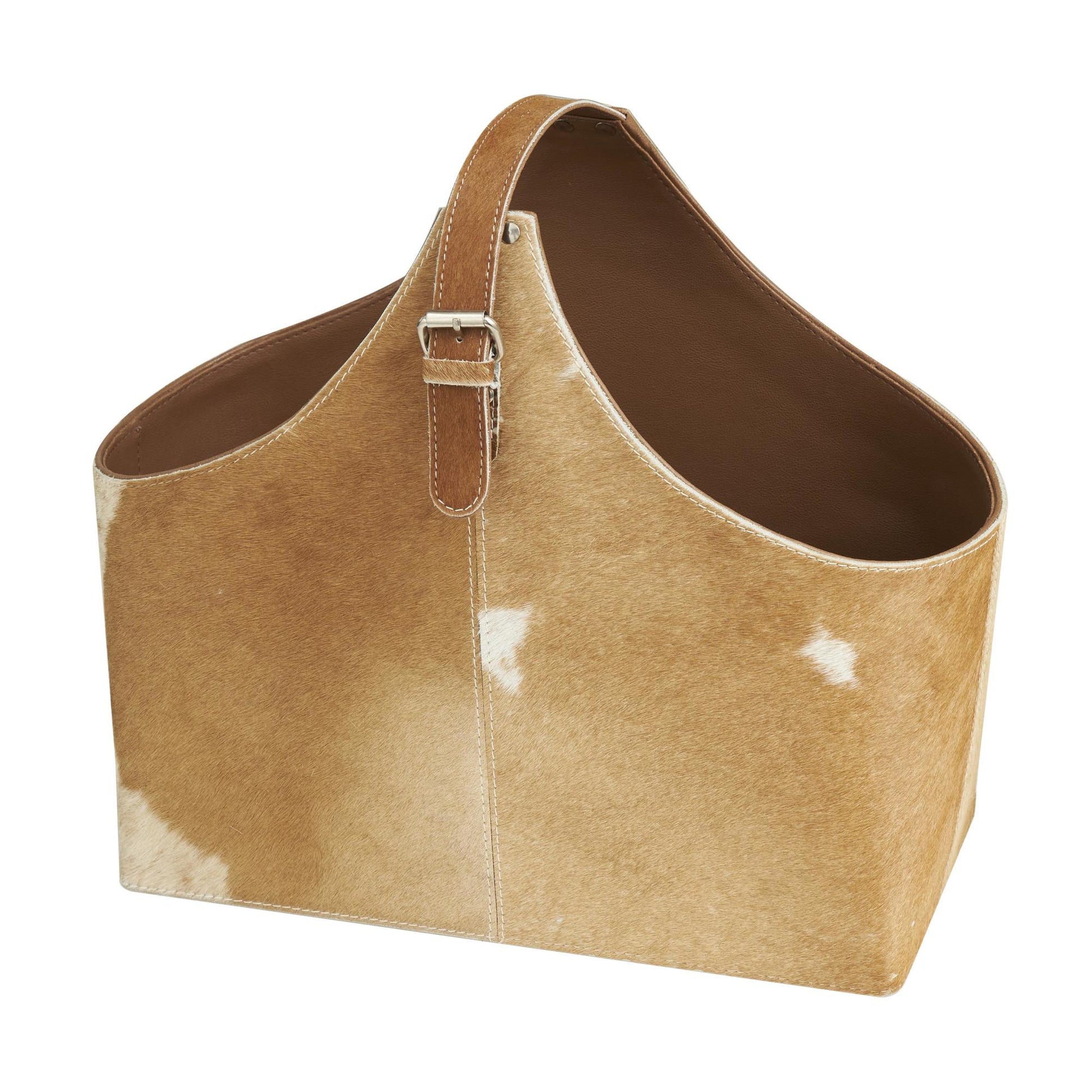 Leather Handmade Box Style Decorative Magazine Holder with Detail Stitching and Curved Buckle Handle