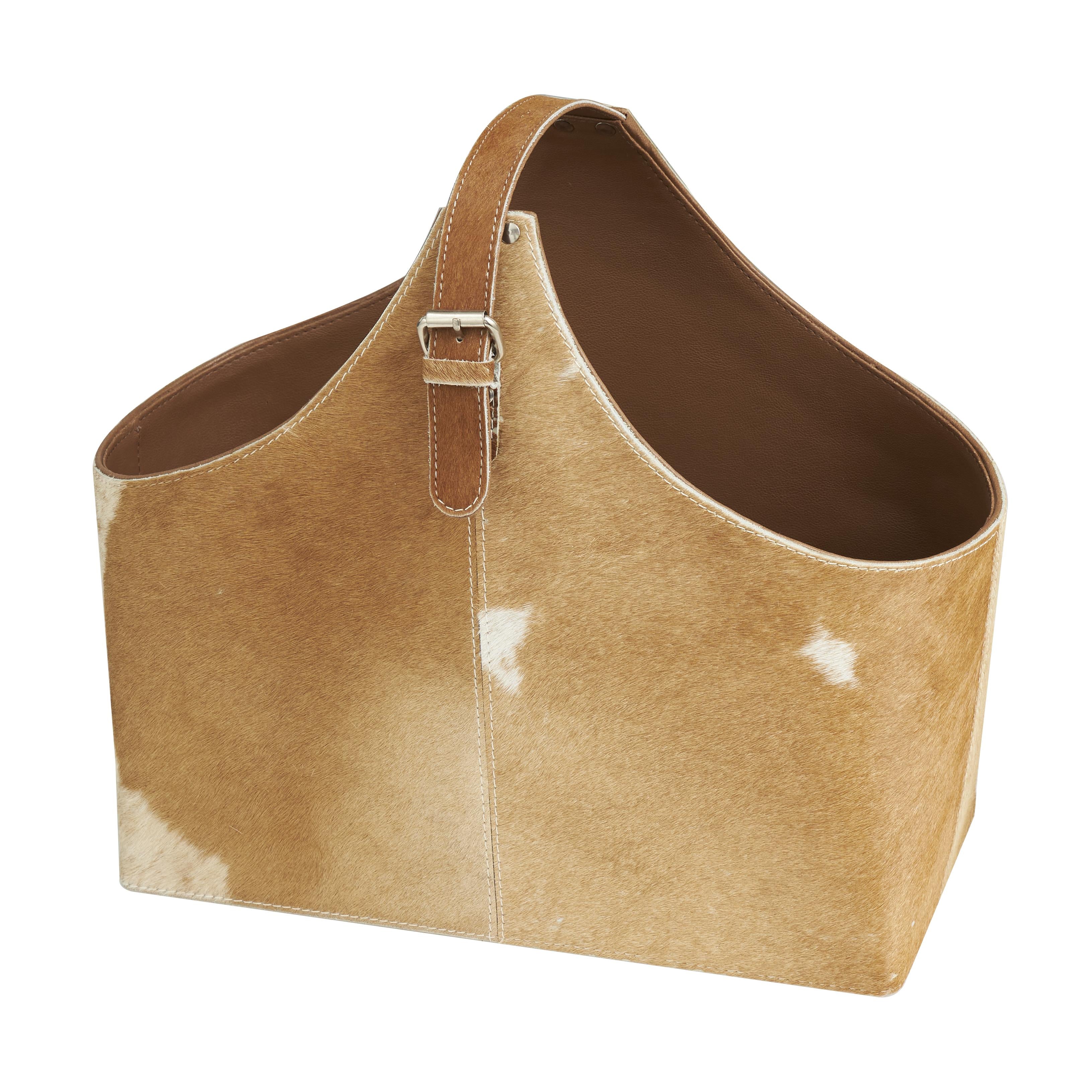Leather Handmade Box Style Decorative Magazine Holder with Detail Stitching and Curved Buckle Handle