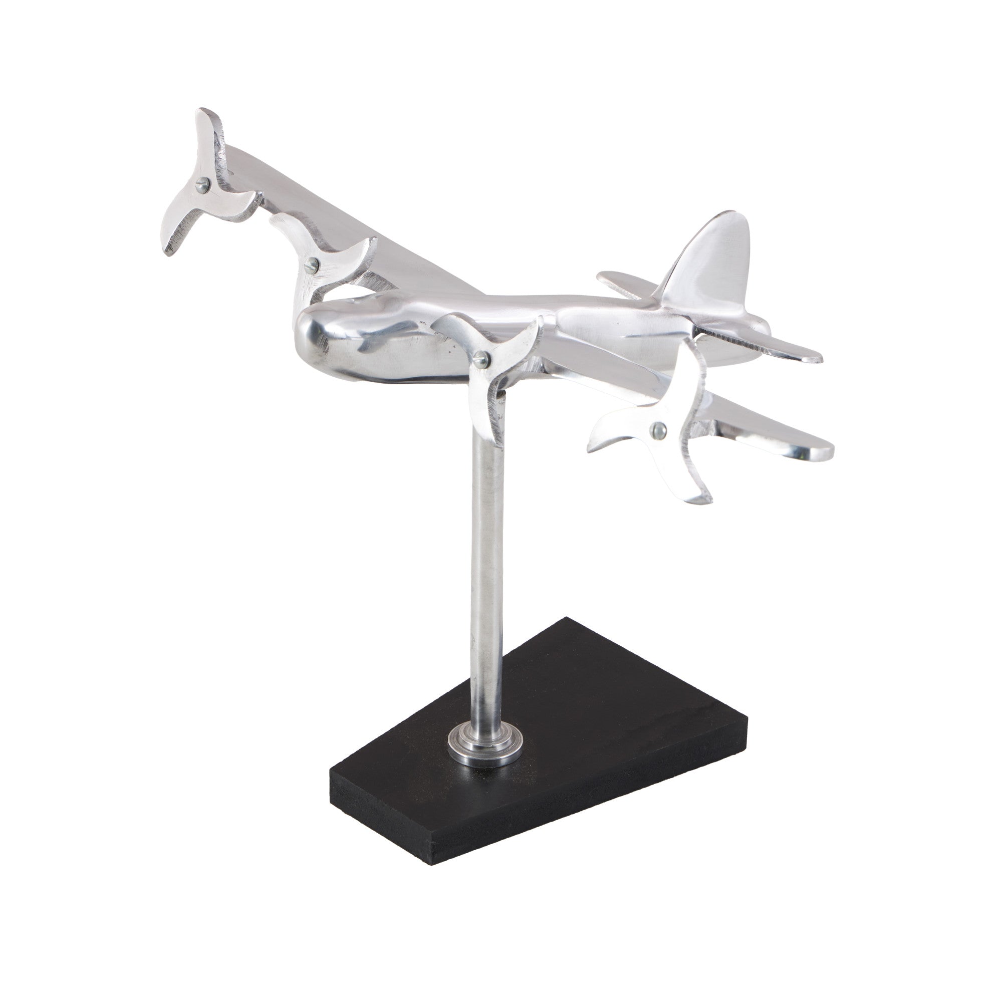 Airplane Silver Aluminum Metal Decorative Sculpture with Black Base