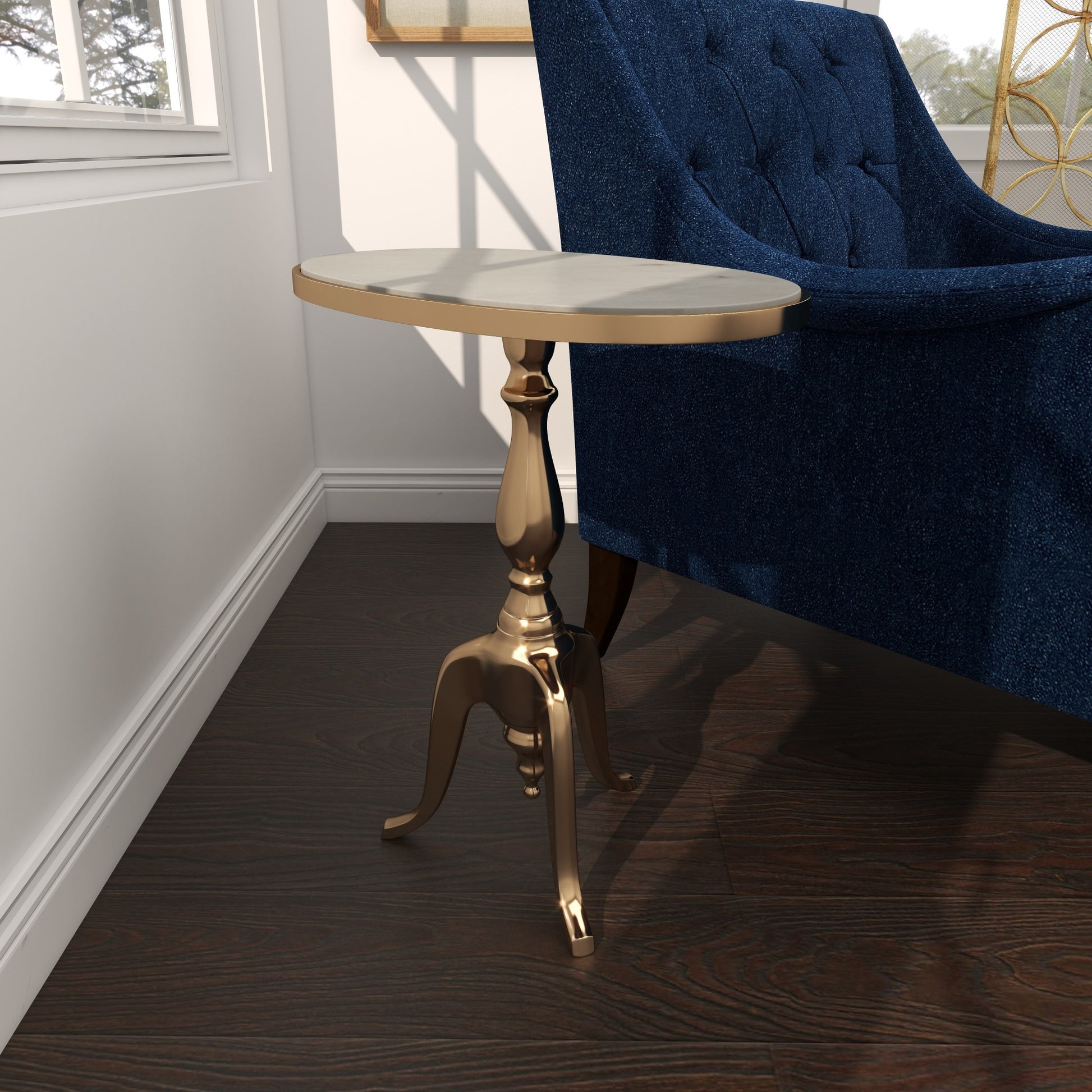 Gold Aluminum Metal Turned Oval Side End Accent Table with White Marble Top and Scroll Legs