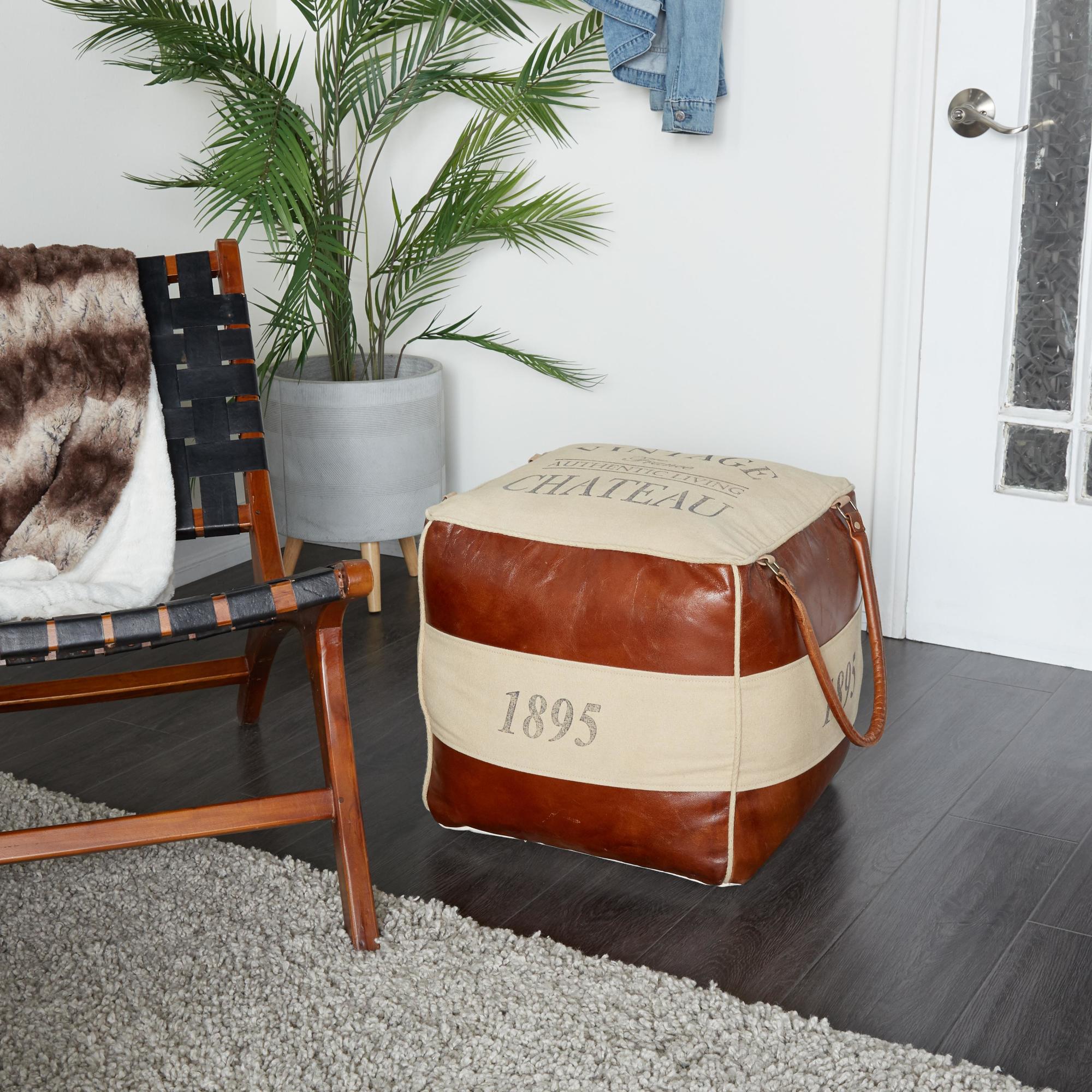 Star Canvas Stuffed Pouf with Leather Accents