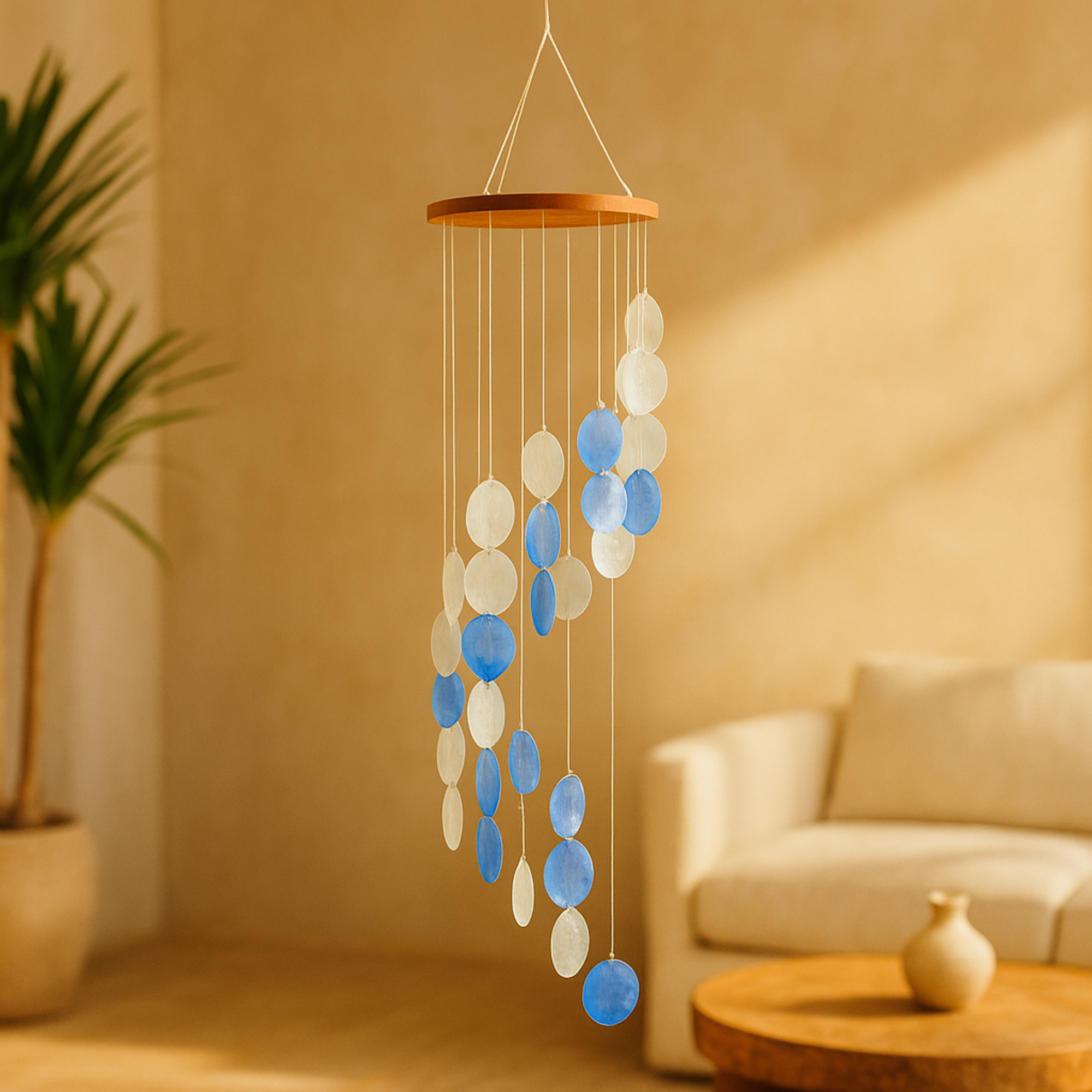 Geometric Blue Capiz Shell Spiral Waterfall Indoor Outdoor Windchime