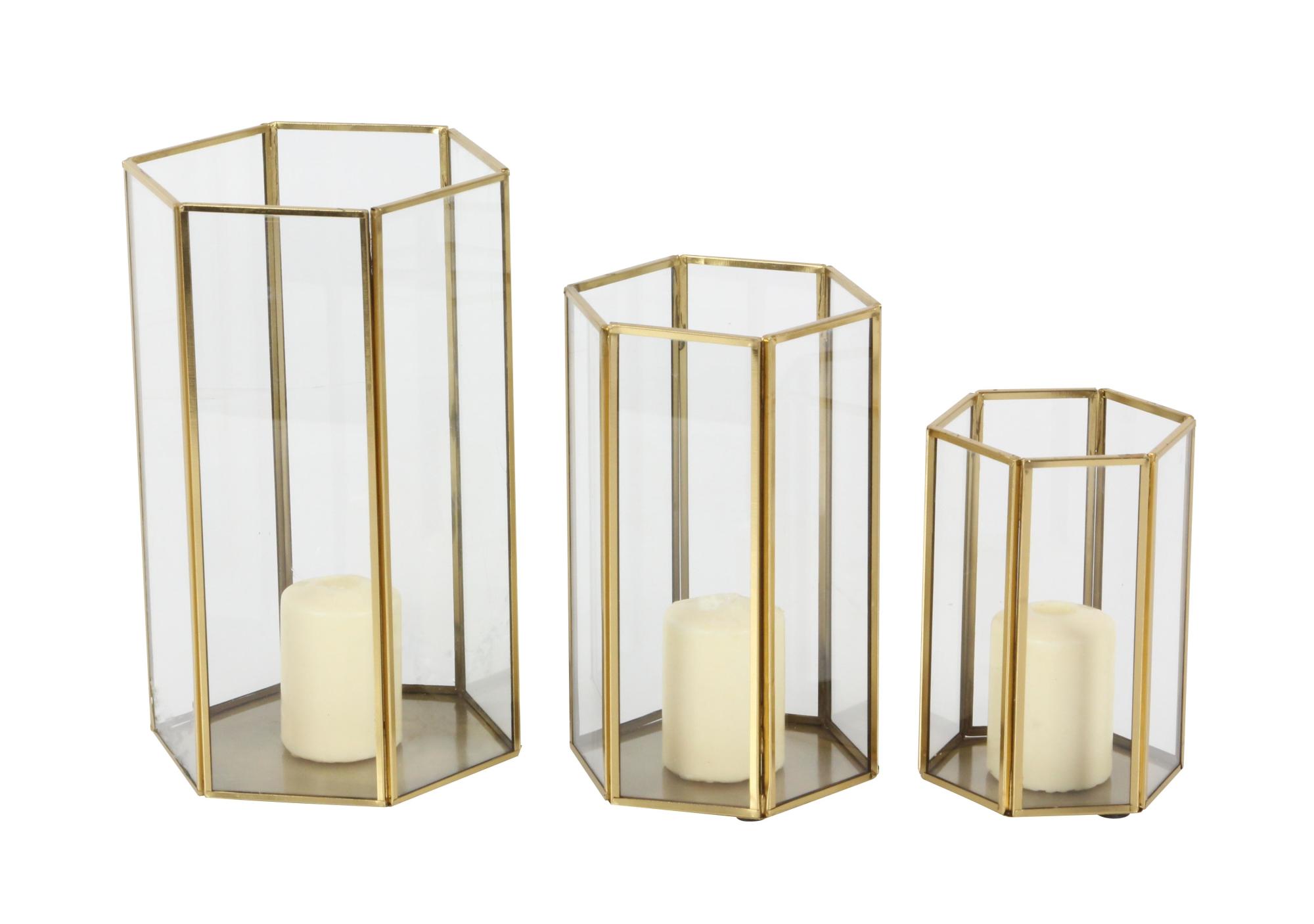 CosmoLiving by Cosmopolitan Set of 3 Gold Glass Decorative Indoor Outdoor Candle Lantern with Metal Plate