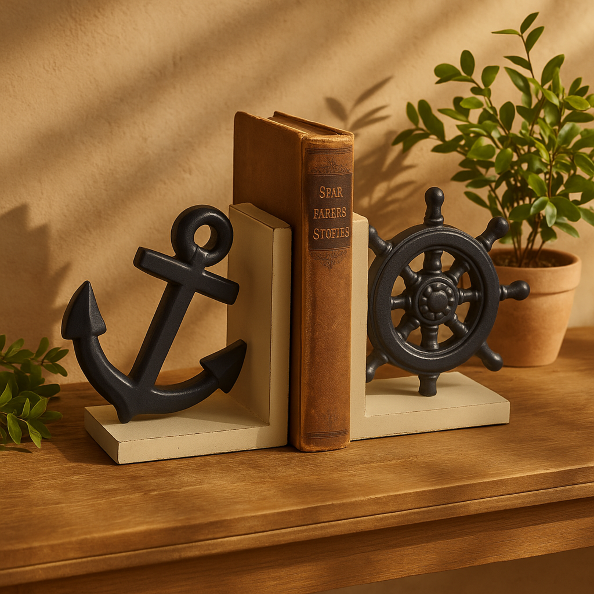Set of 2 Ship Wheel Blue Metal Anchor Decorative Bookends