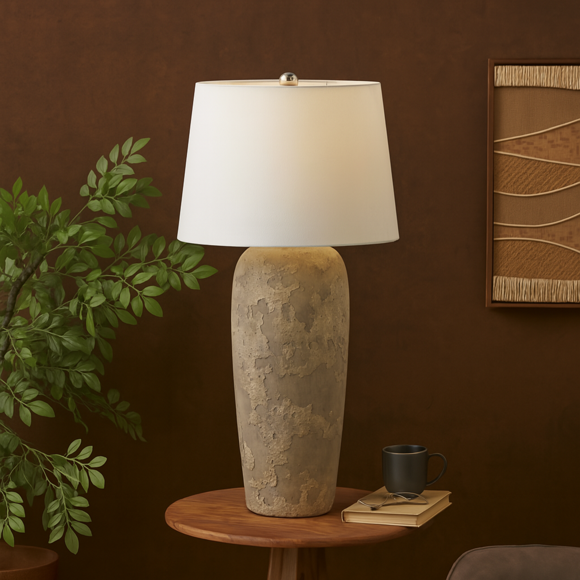 Ceramic Tall Distressed Antique Style Textured Room Table Lamp with Cream Linen Shade 17" x 17" x 35"