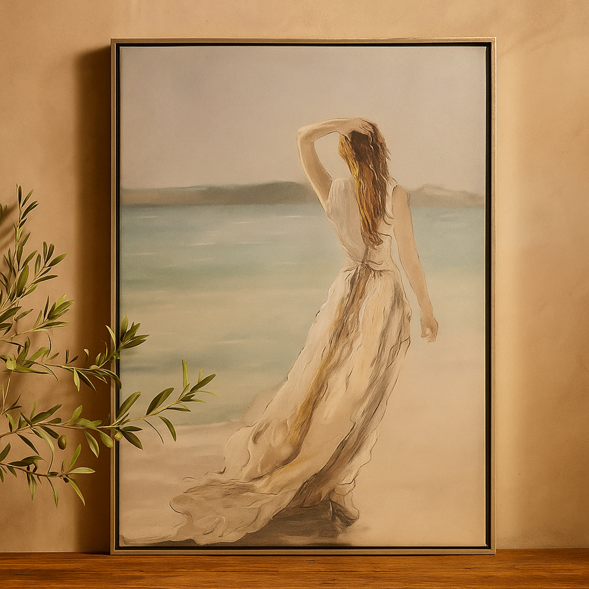 Landscape White Canvas Women Living Room Framed Wall Art with Silver Frame