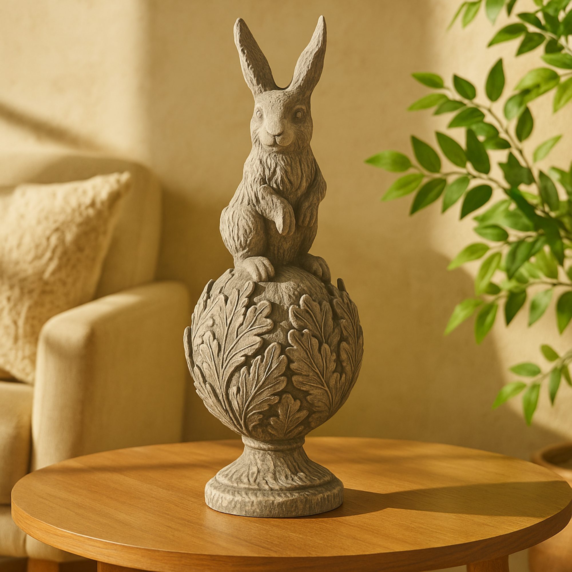 Rabbit Gray Polystone Textured Decorative Sculpture with Leaf Covered Round Base