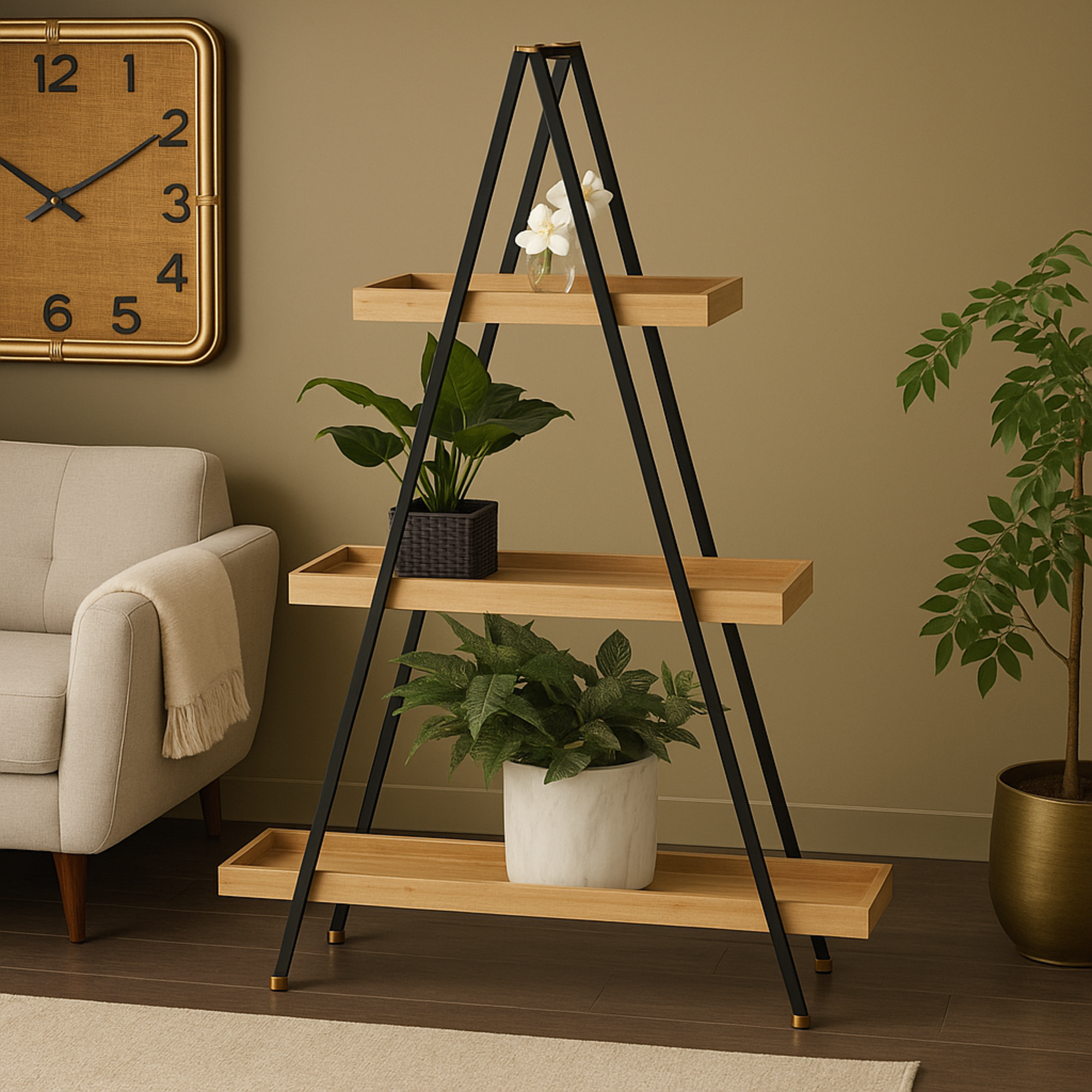 Black Metal 3 Shelf Storage Shelving Unit with Black Metal Triangle Frame