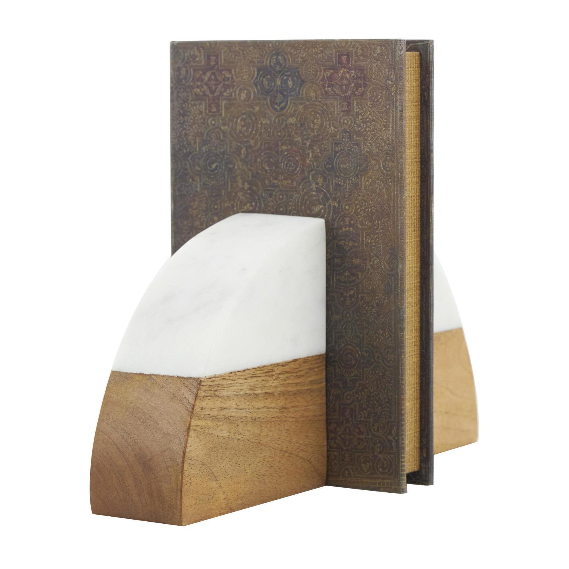 Set of 2 Geometric Brown Mango Wood Arched 5 lbs Decorative Bookends with White Marble Tops