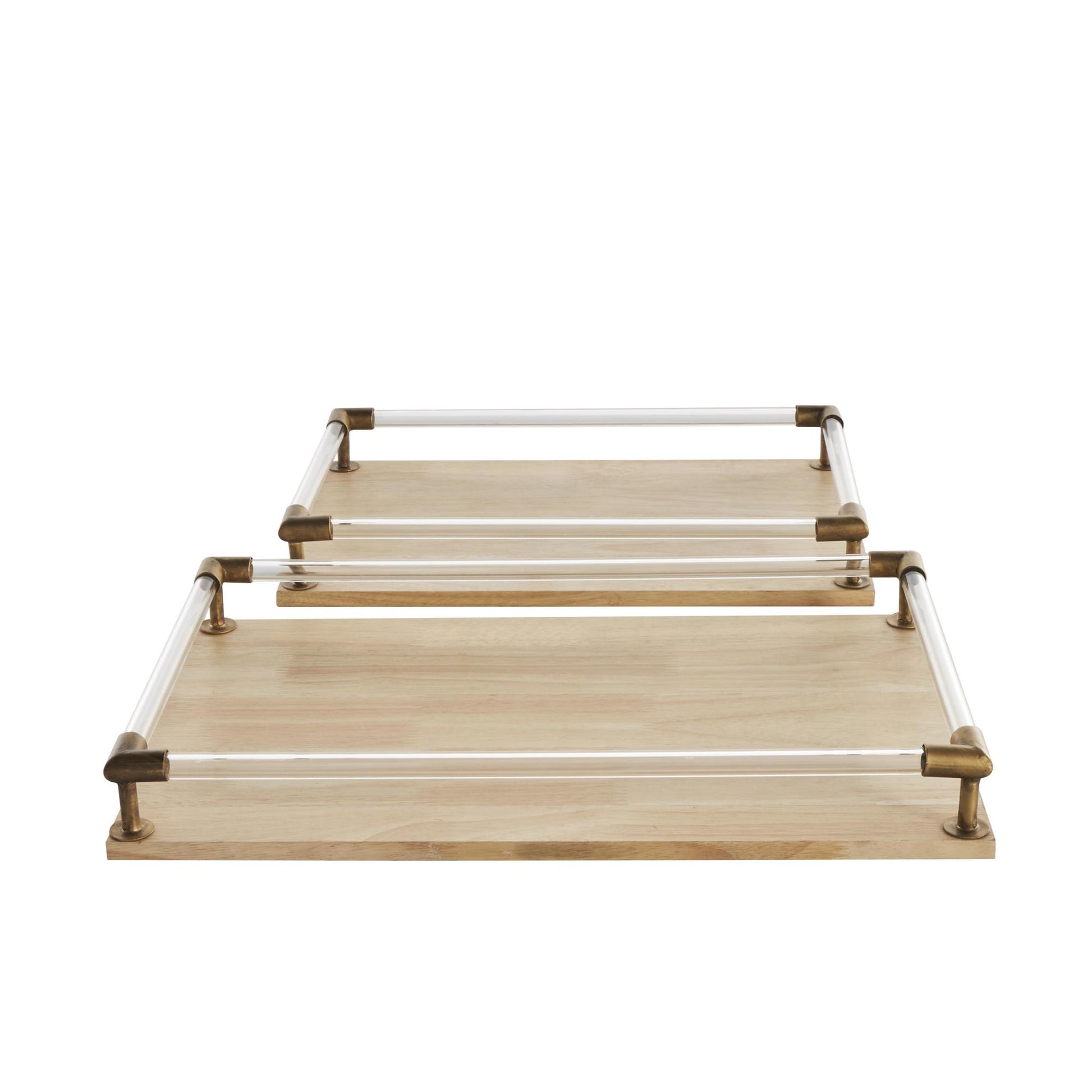 Set of 2 Light Brown Mango Wood Living Room Decor Tray with Copper Metal Edges and Acrylic Sides
