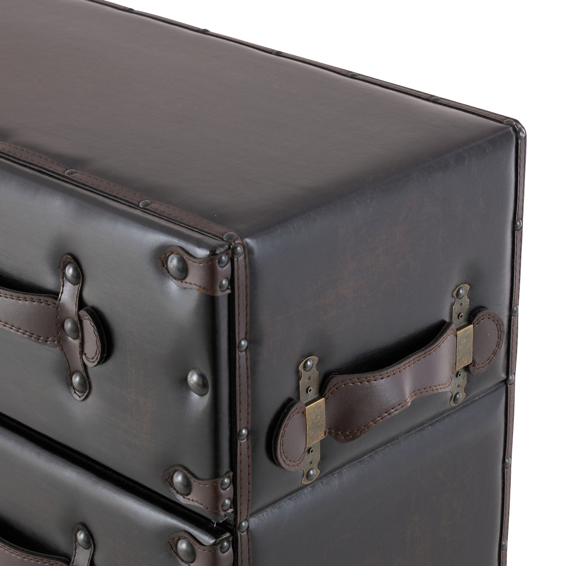 Black Wood Vintage Faux Leather Room Chest with Rivets and Straps Detailing