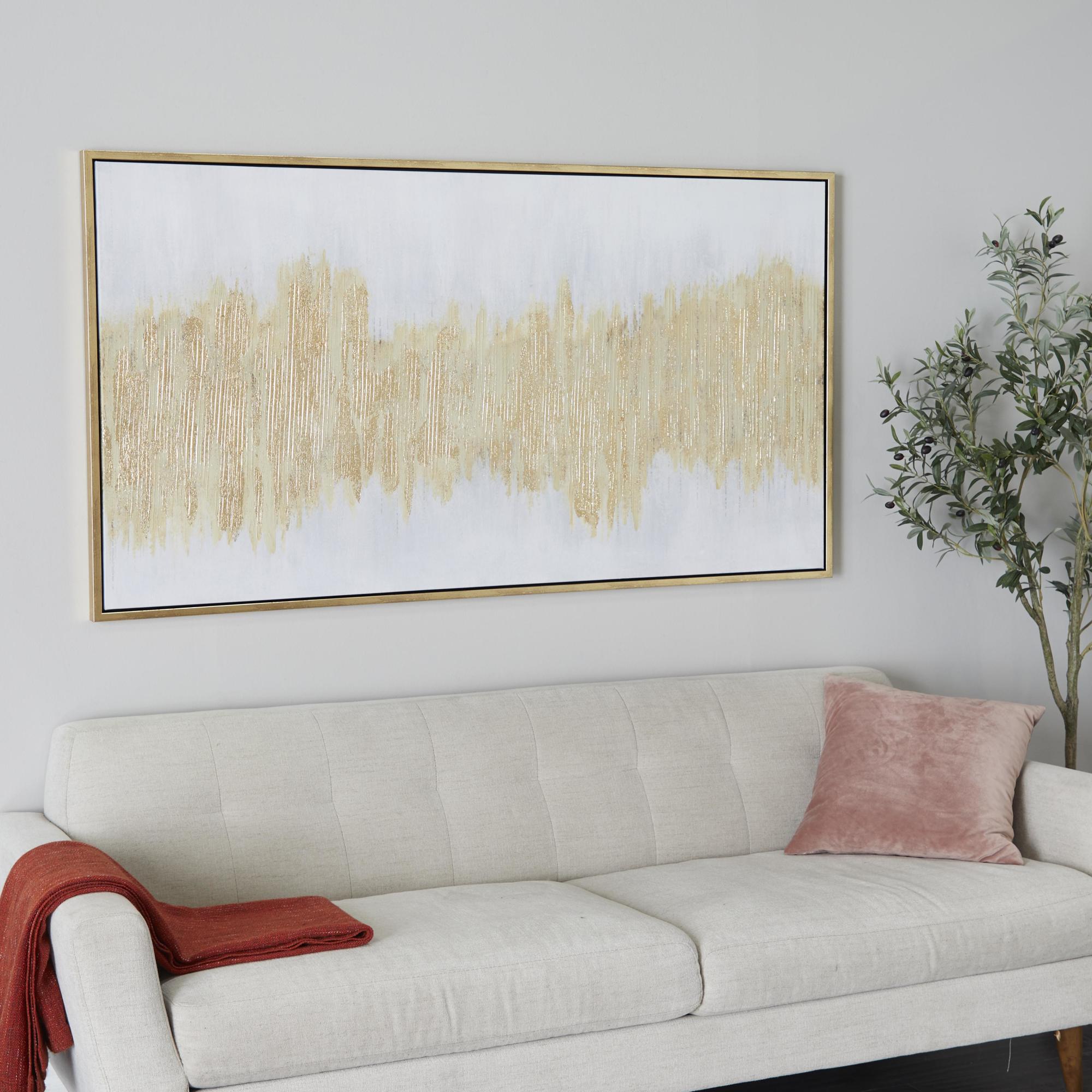 CosmoLiving by Cosmopolitan Abstract Gold Canvas Long Horizontal Living Room Framed Wall Art with Glitter Flakes