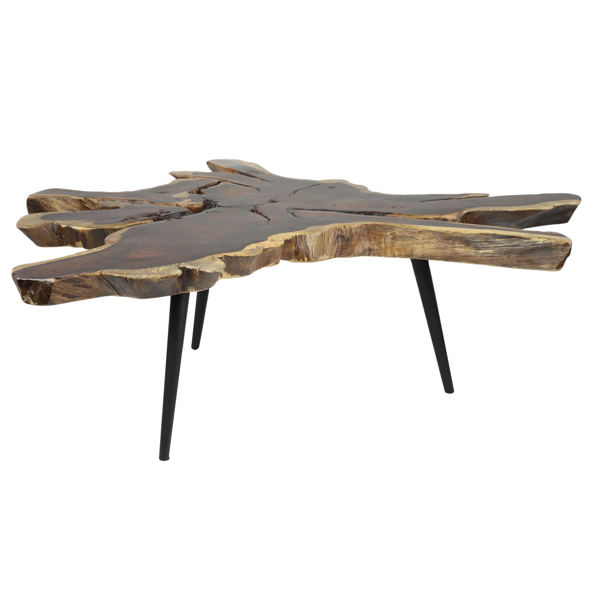 Brown Wood Handmade Live Edge Top Living Room Coffee Table with Black Metal Tripod Legs