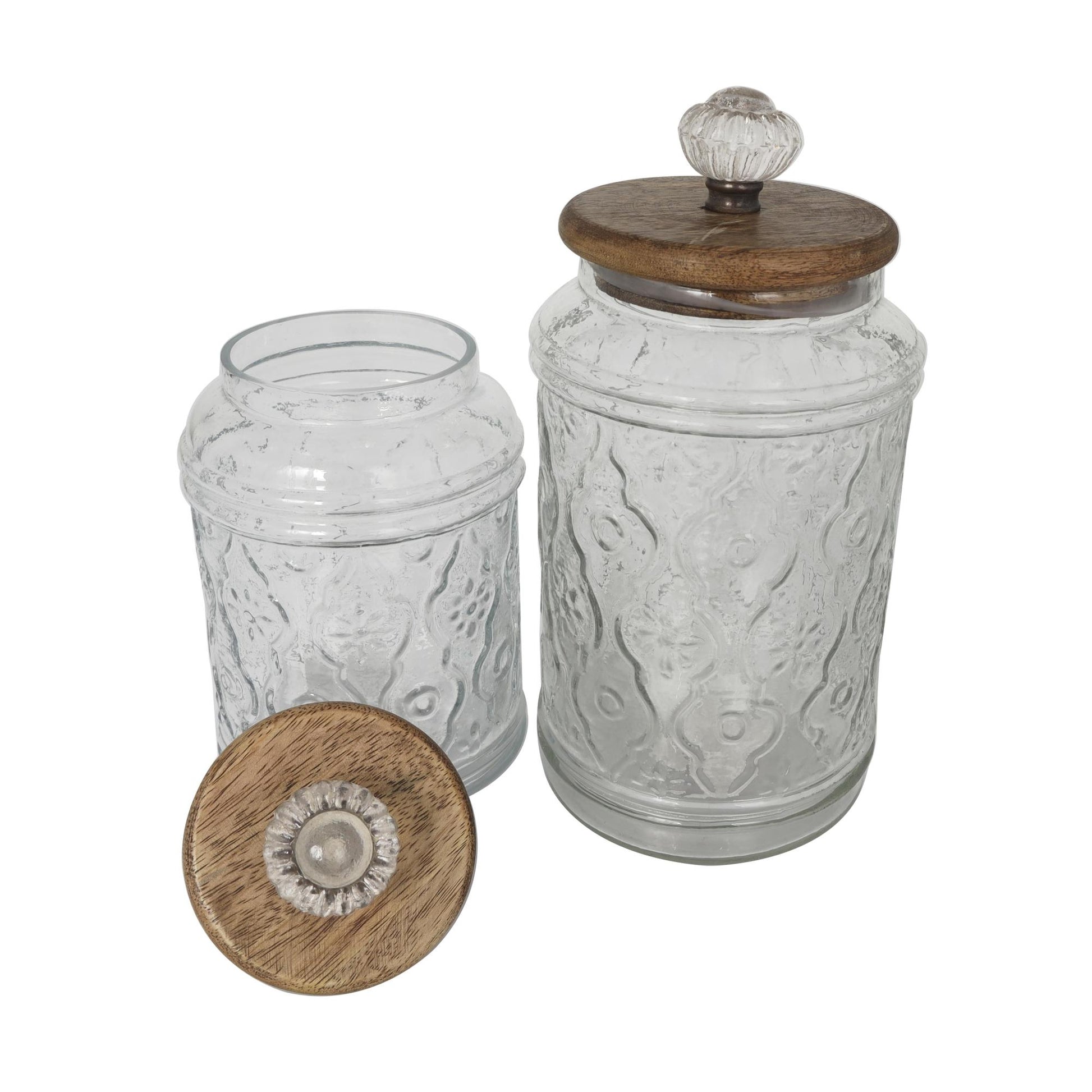 Set of 2 Floral Clear Glass Living Room Decorative Jars with Brown Wooden Lids and Antique Style Knobs